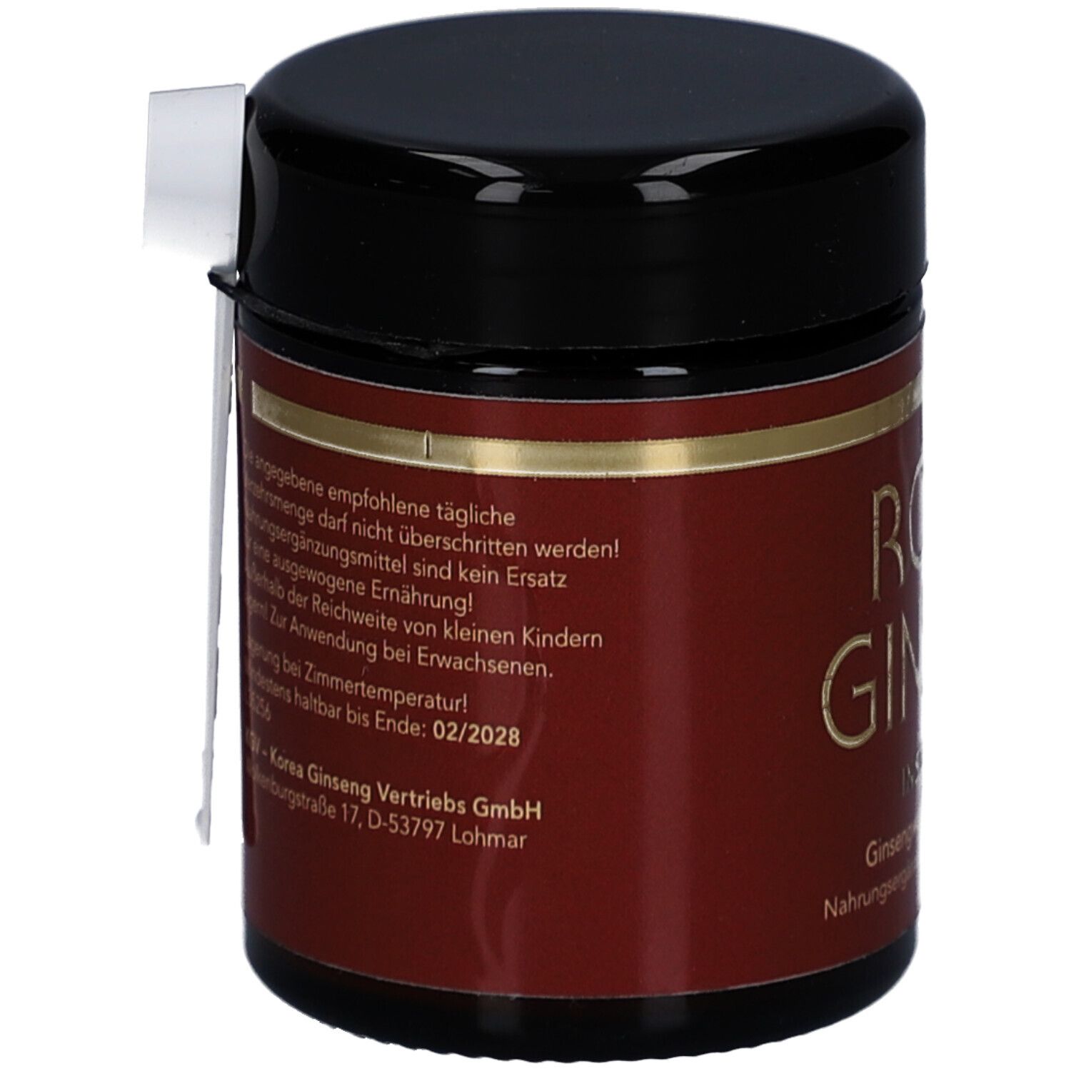 Braune Dose mit schwarzem Deckel. Aufschrift: ROTER GINSENG. Etikett mit Text. Weißes Etikett mit Text.