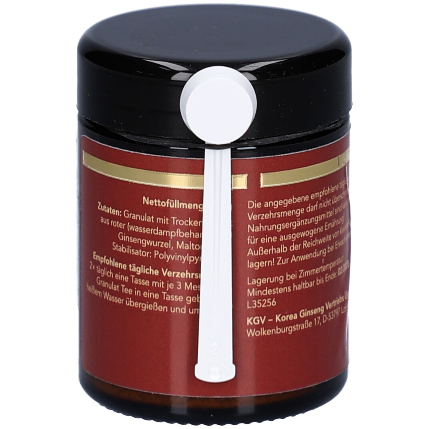 Braune Dose mit schwarzem Deckel. Aufschrift: ROTER GINSENG. Weißer Messlöffel steckt in der Dose.