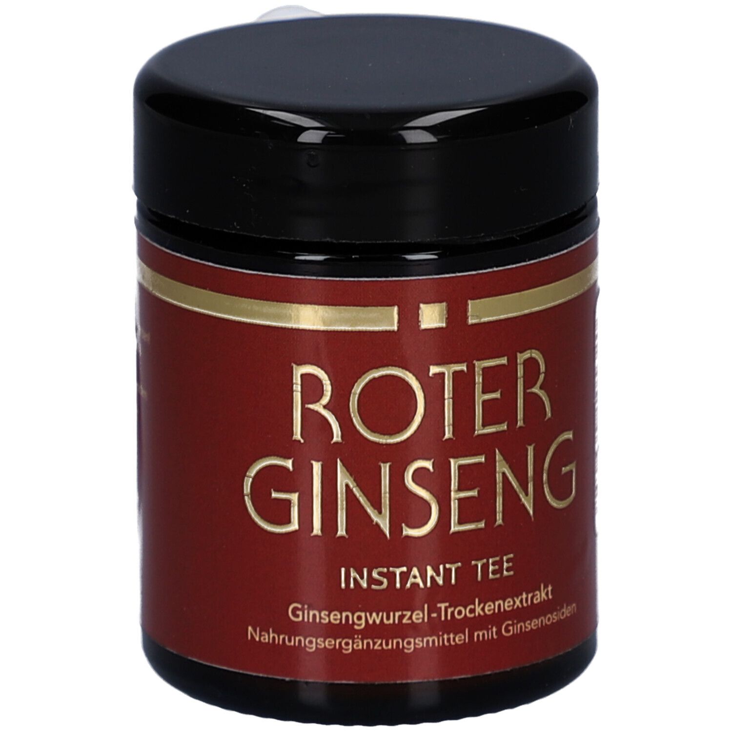 Braune Dose mit schwarzem Deckel. Aufschrift: ROTER GINSENG, INSTANT TEE. Goldfarbene Schrift auf rotem Hintergrund.