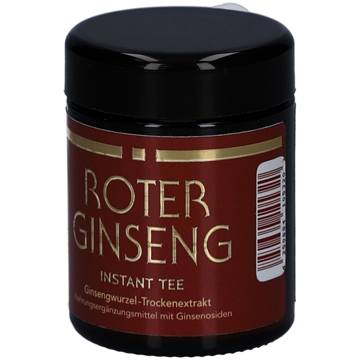 Braune Dose mit schwarzem Deckel. Aufschrift: ROTER GINSENG, INSTANT TEE. Goldfarbene Schrift auf rotem Hintergrund.