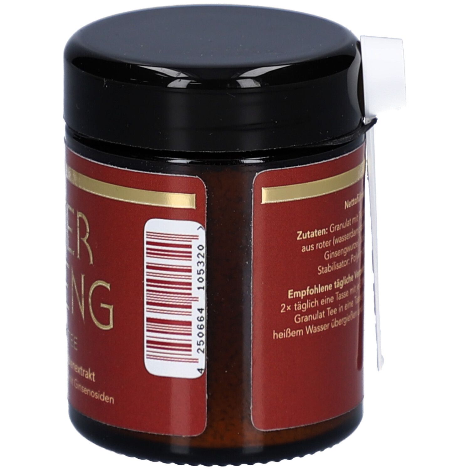 Braune Dose mit schwarzem Deckel. Aufschrift: ROTER GINSENG. Etikett mit Text und Barcode. Weißes Etikett.