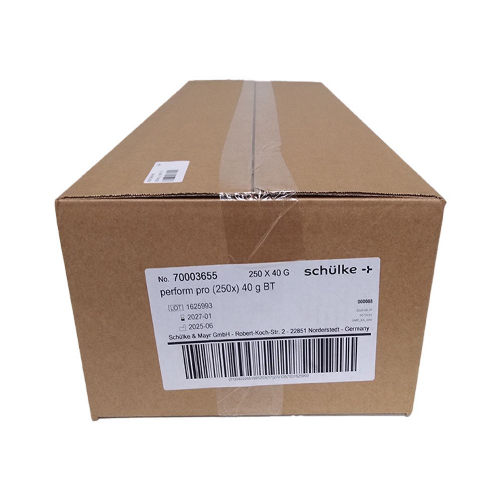 Karton mit Etikett. Enthält 'perform pro (250x) 40 g BT'. Barcode und Herstellerinformationen.