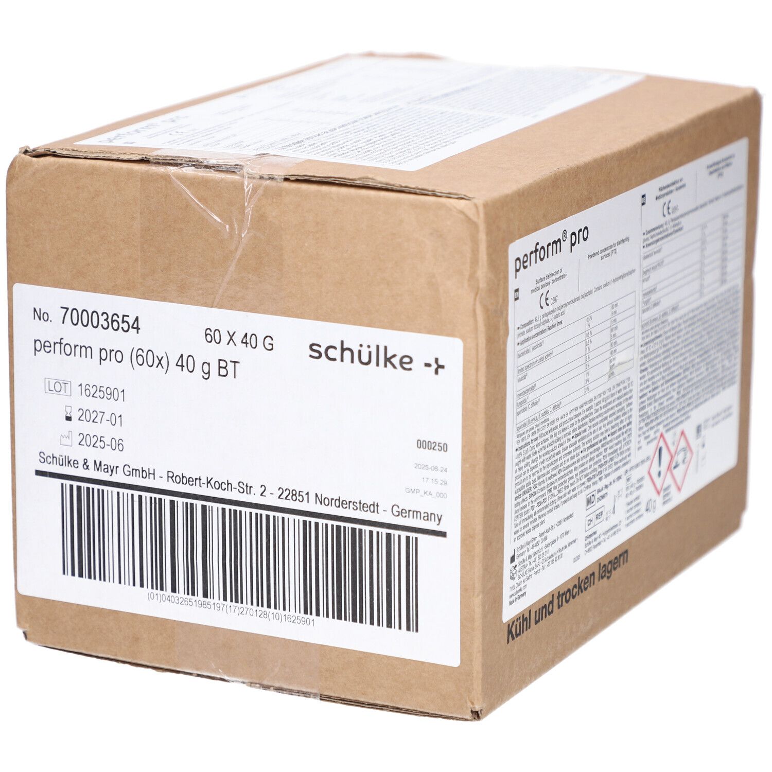 Braune Kartonverpackung mit Produktinformationen und Barcode. Aufdruck: perform pro (60x) 40 g BT, schülke.
