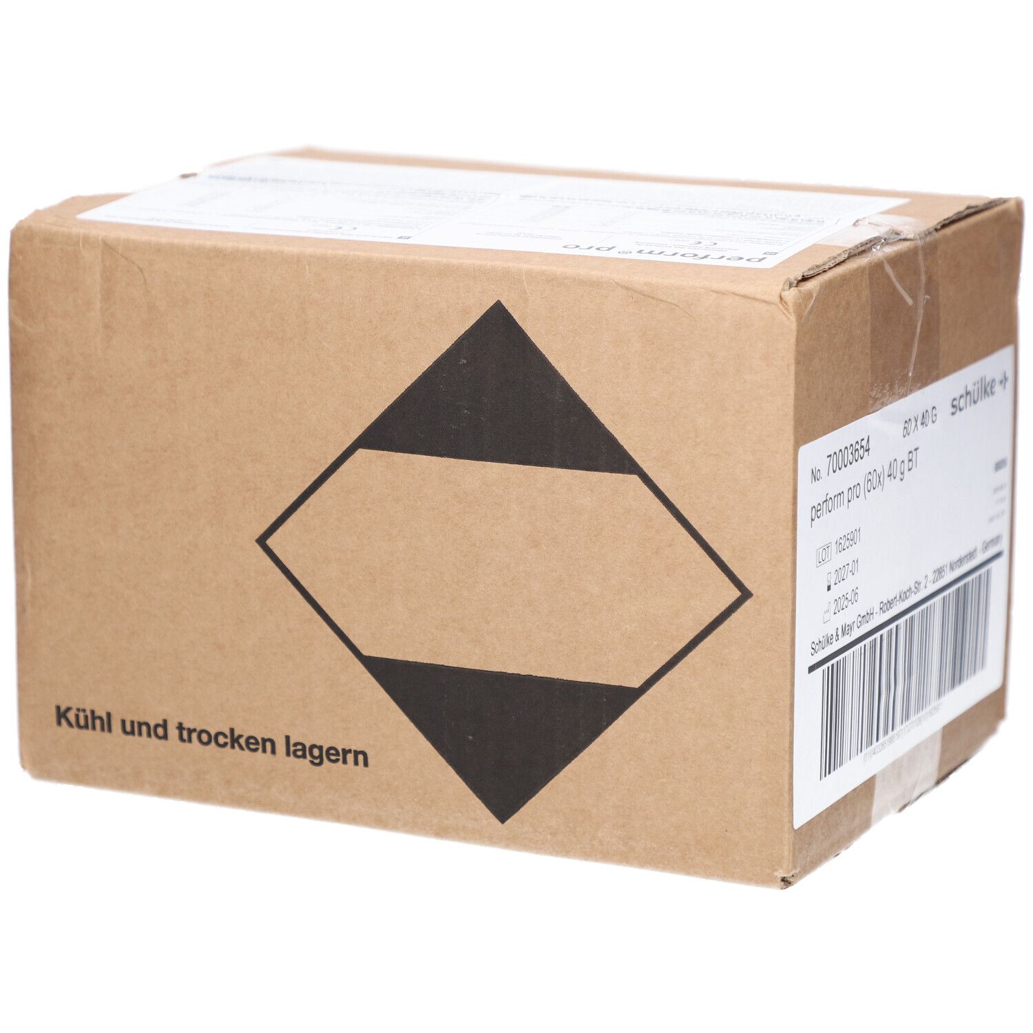 Braune Kartonverpackung mit einem schwarzen Gefahrgutzeichen. Aufdruck: Kühl und trocken lagern.