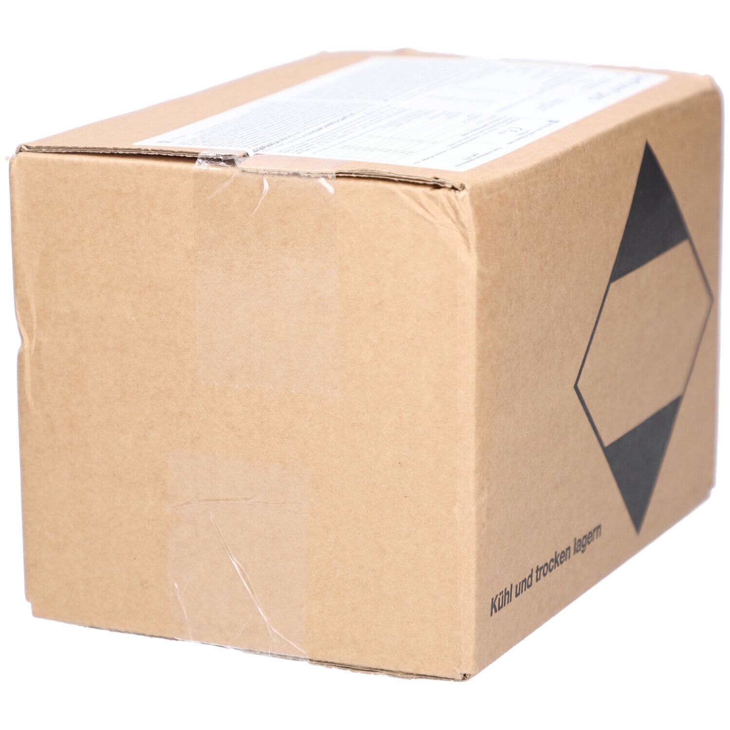 Braune Kartonverpackung mit einem schwarzen Gefahrgutzeichen. Aufdruck: Kühl und trocken lagern.