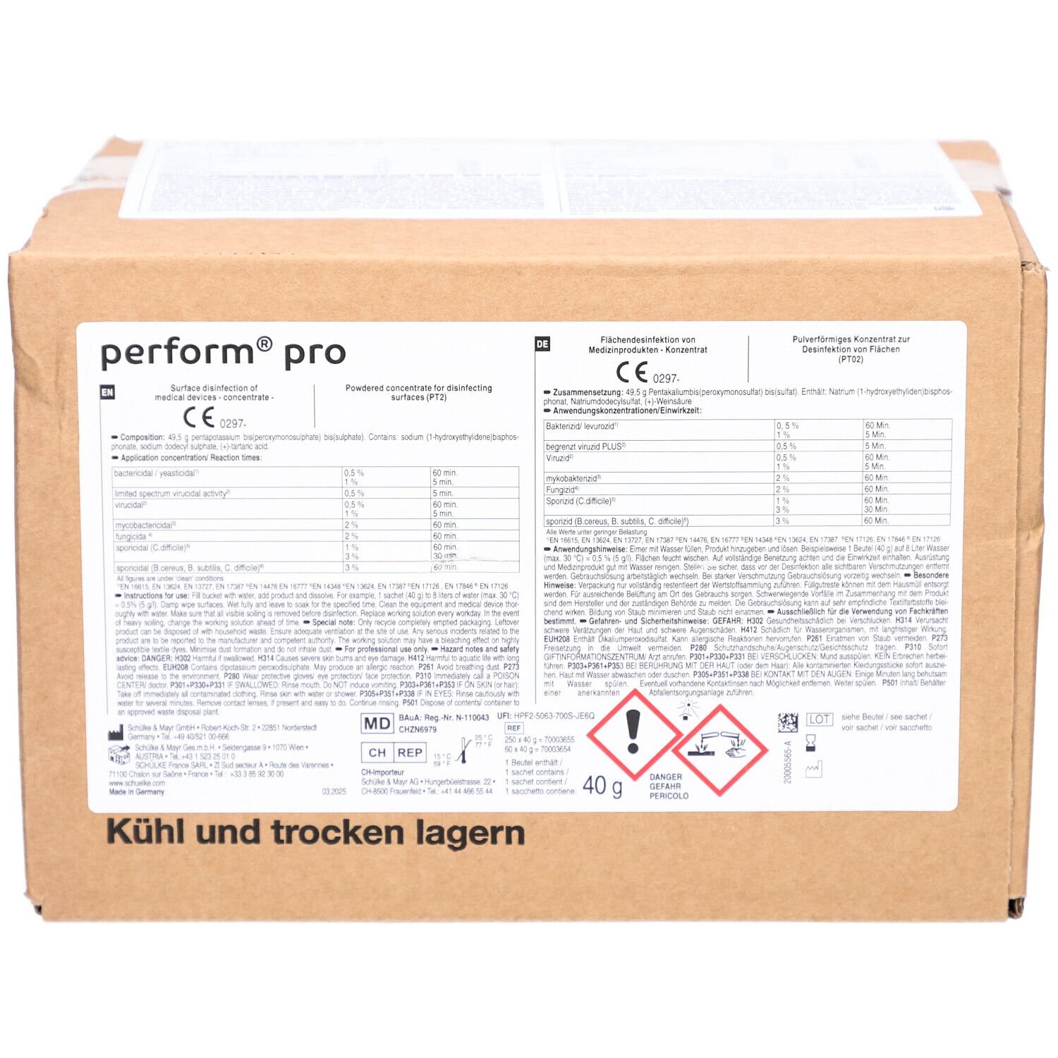 Braune Kartonverpackung mit Produktinformationen und Warnhinweisen. Aufdruck: perform pro, 40g, CE-Zeichen.