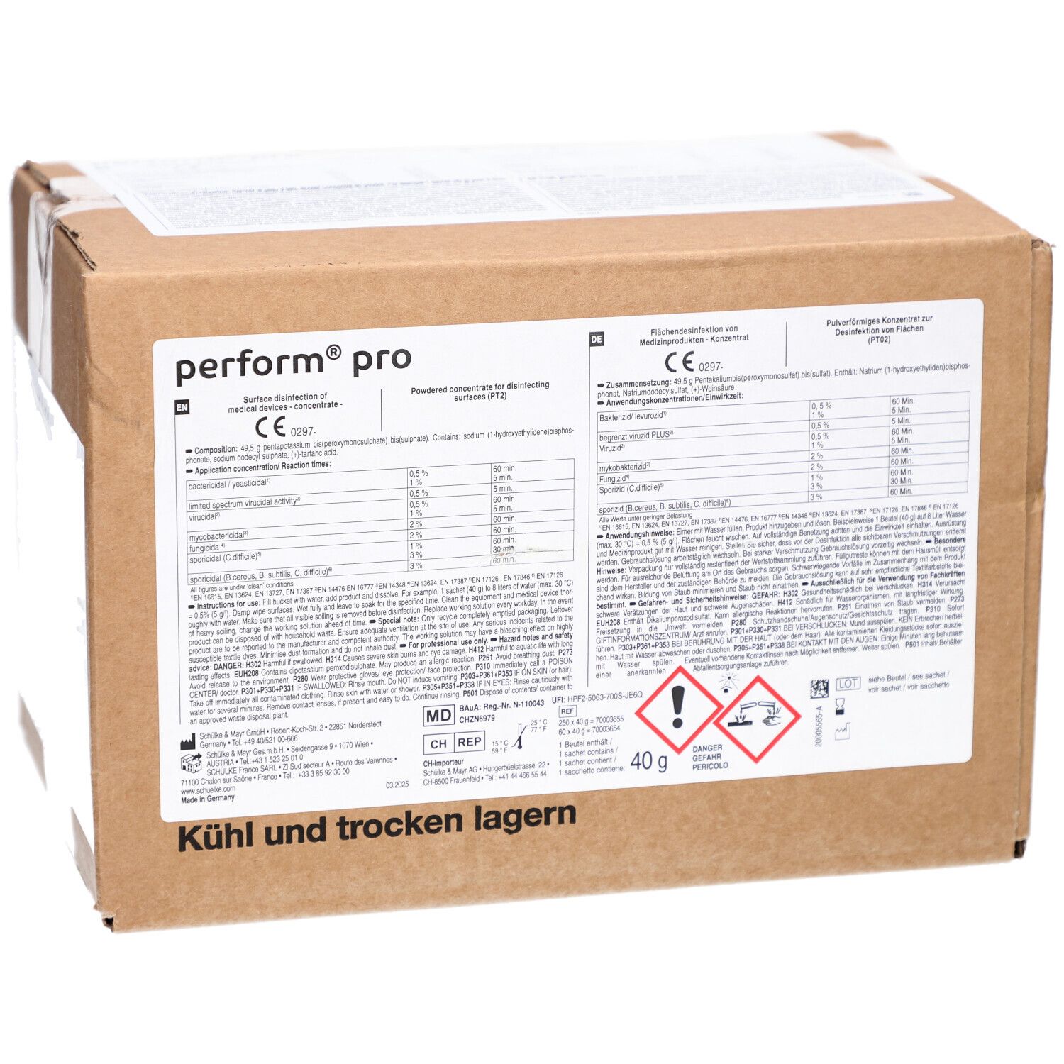 Braune Kartonverpackung mit Produktinformationen und Warnhinweisen. Aufdruck: perform pro, 40g, CE-Zeichen.