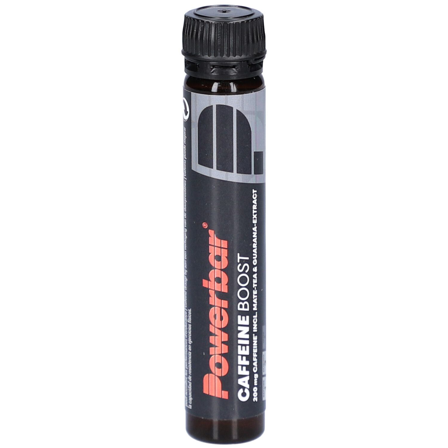 Ampulle mit schwarzem Deckel. Aufschrift Powerbar Caffeine Boost. Enthält Mate-Tee und Guarana-Extrakt.