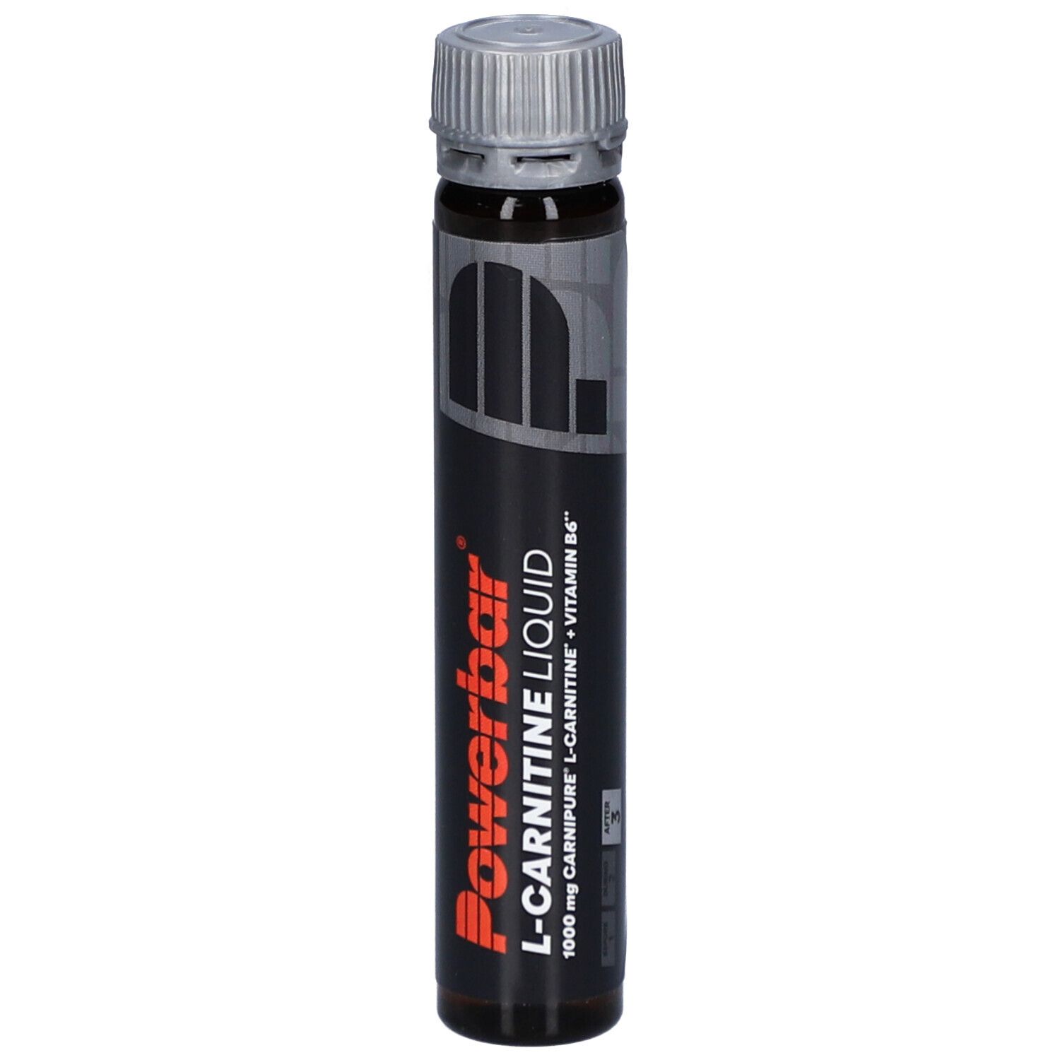 Ampulle mit schwarzem Etikett. Aufschrift: Powerbar L-Carnitin Liquid, 1000 mg Carnipure, Vitamin B6.
