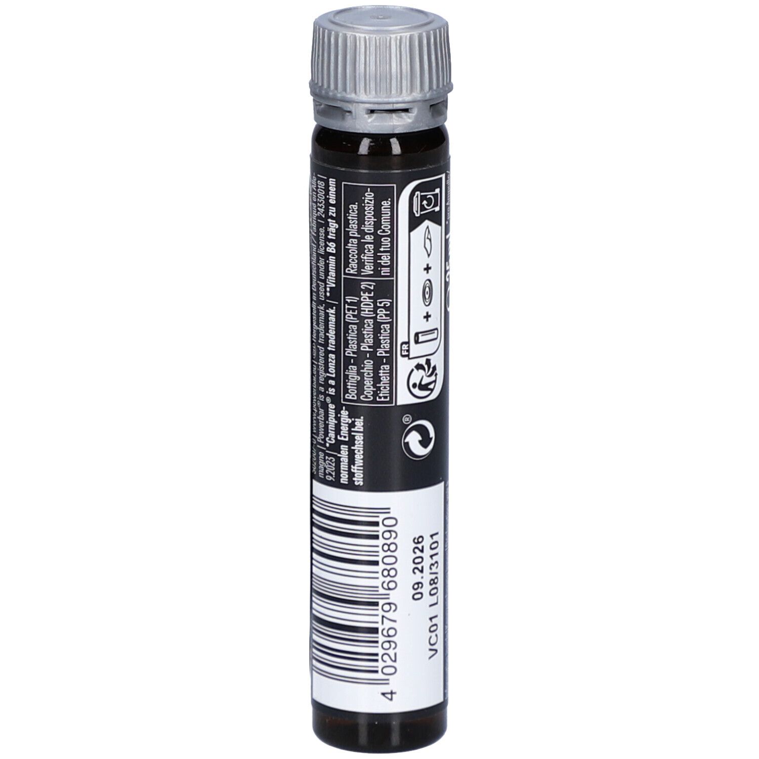 Ampulle mit schwarzem Etikett. Barcode und Informationen. Aufschrift: Powerbar, L-Carnitin Liquid.