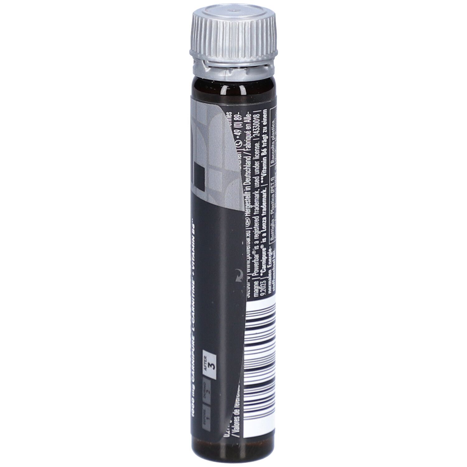 Ampulle mit schwarzem Etikett. Informationen und Zahl 3. Aufschrift: Powerbar L-Carnitin Liquid.