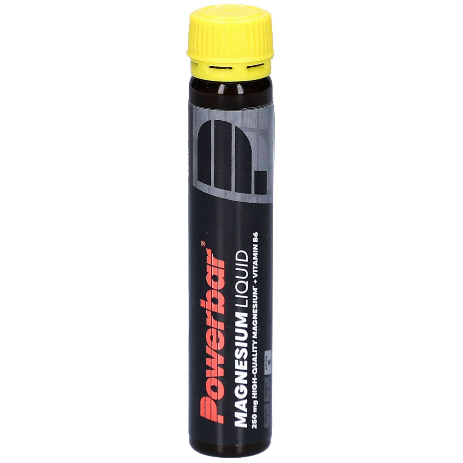 Ampulle mit gelbem Verschluss. Aufschrift Powerbar, Magnesium Liquid, Vitamin B6. Schwarze Verpackung.