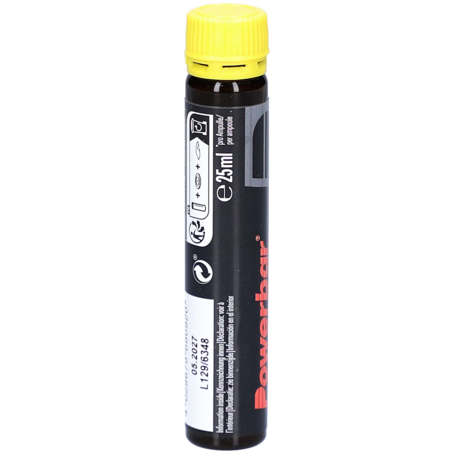 Ampulle mit gelbem Verschluss. Schwarze Verpackung. Text: e25ml, Hinweise, Verfallsdatum 05.2027.