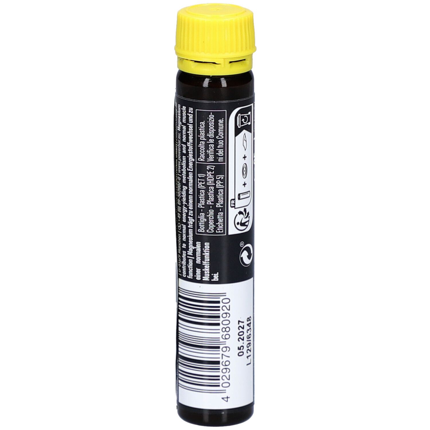 Ampulle mit gelbem Verschluss. Schwarze Verpackung. Text: Hinweise, Verfallsdatum 05.2027, Barcode.