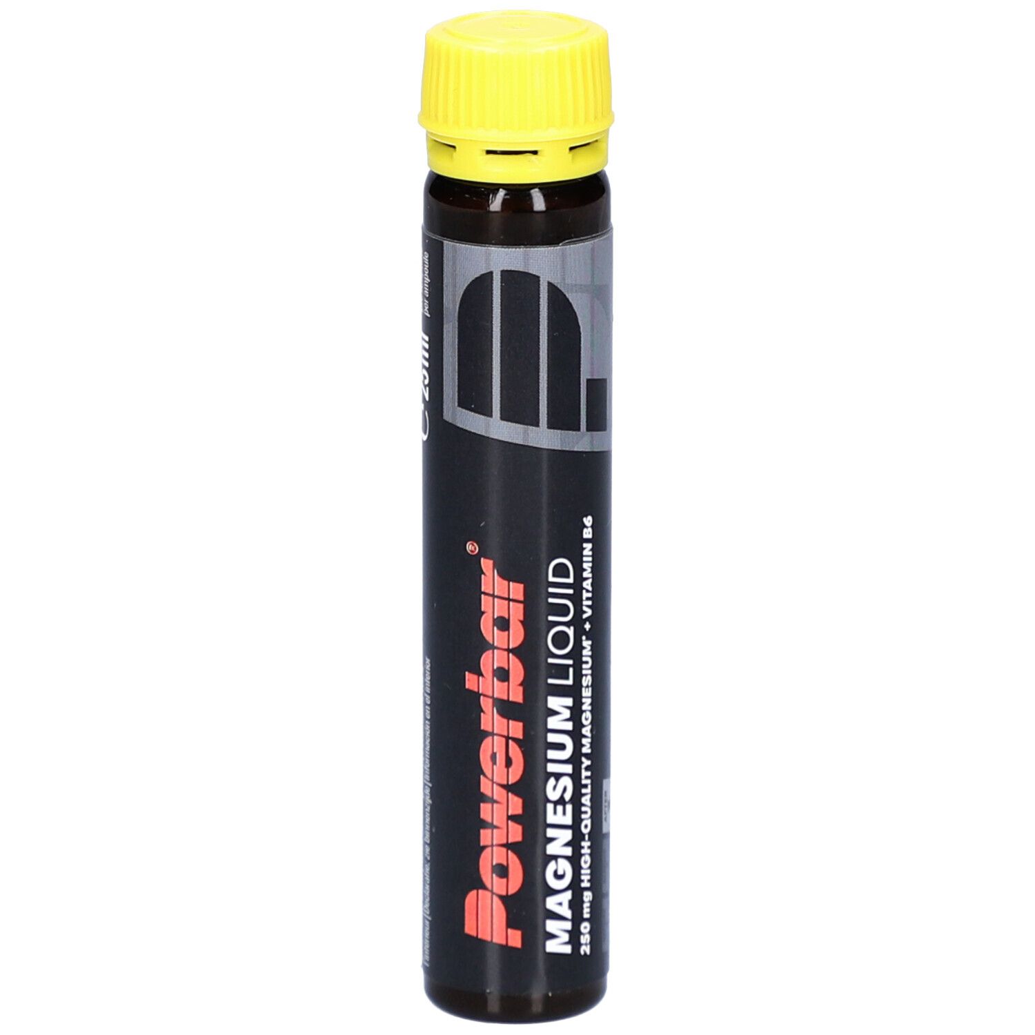 Ampulle mit gelbem Verschluss. Aufschrift Powerbar, Magnesium Liquid, Vitamin B6. Schwarze Verpackung.