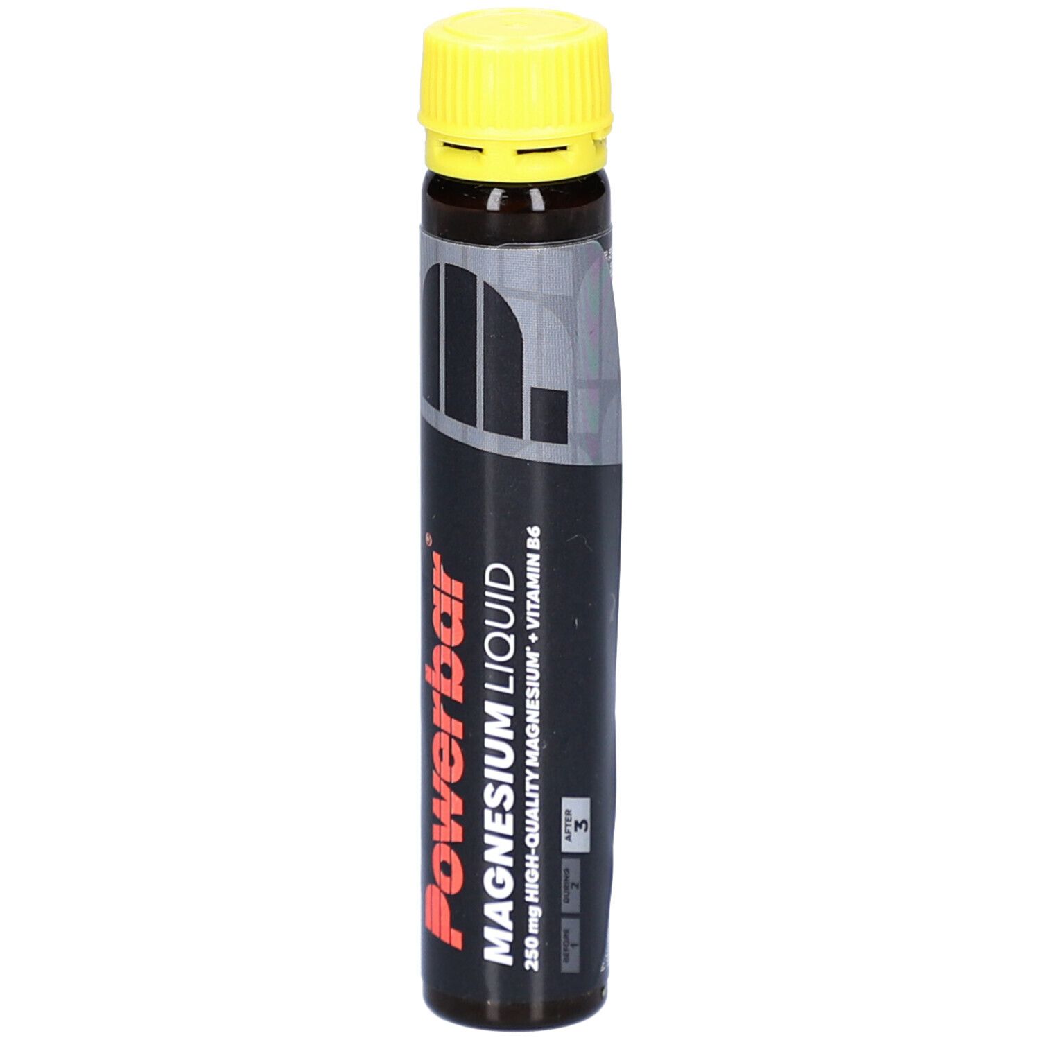 Ampulle mit gelbem Verschluss. Aufschrift Powerbar, Magnesium Liquid, Vitamin B6. Schwarze Verpackung.