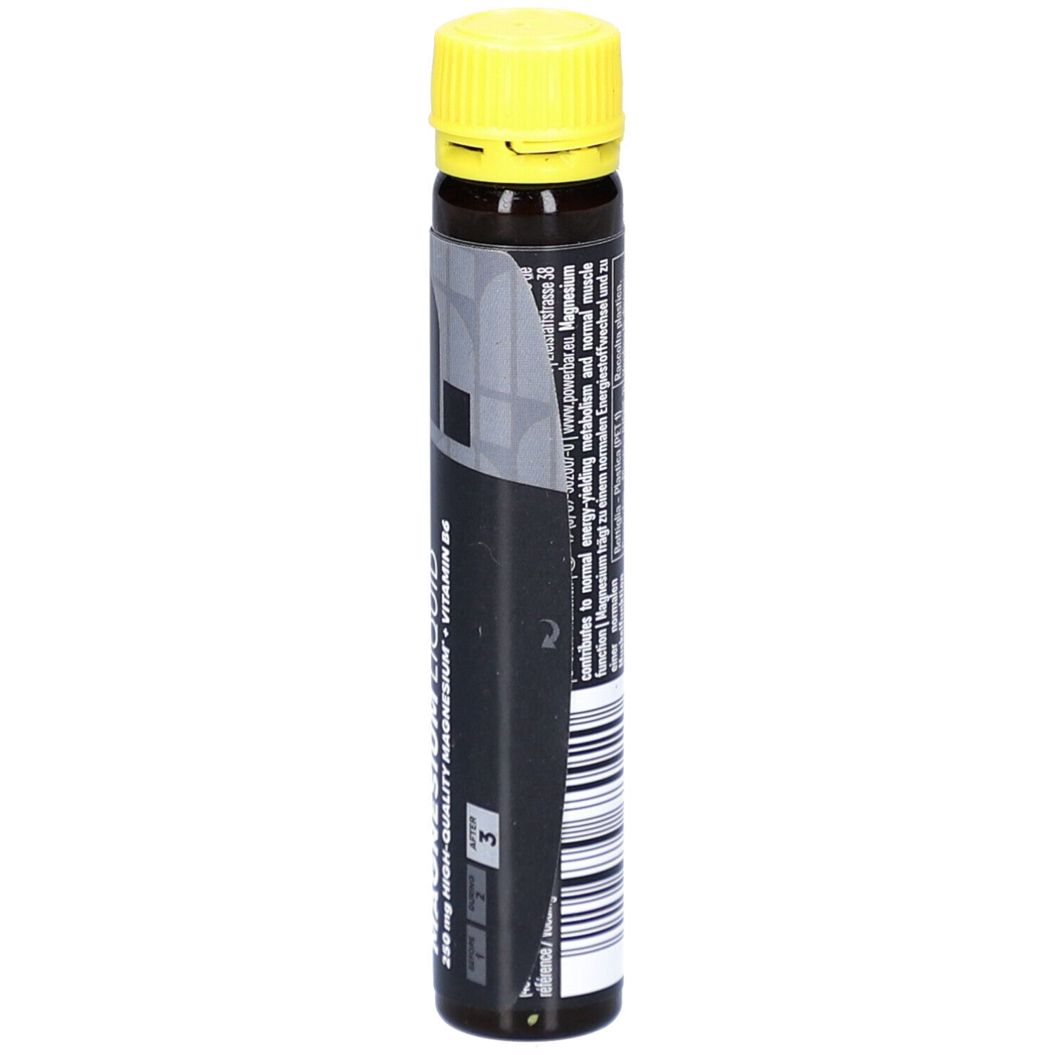 Ampulle mit gelbem Verschluss. Aufschrift Powerbar, Magnesium Liquid, Vitamin B6. Schwarze Verpackung.