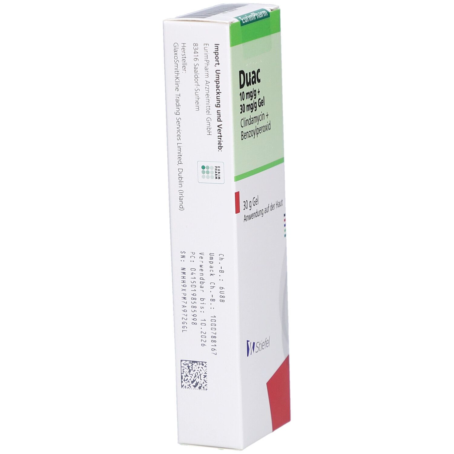 Schrägansicht der Tube. Produktname, Inhaltsstoffe und Herstellerinformationen. Barcode.