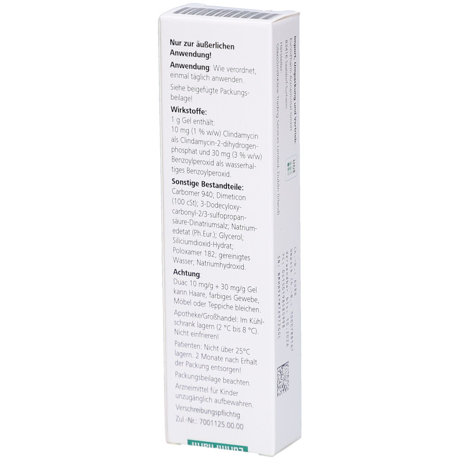 Rückseite der Tube mit Anwendungshinweisen und Inhaltsstoffen. Text in deutscher Sprache.