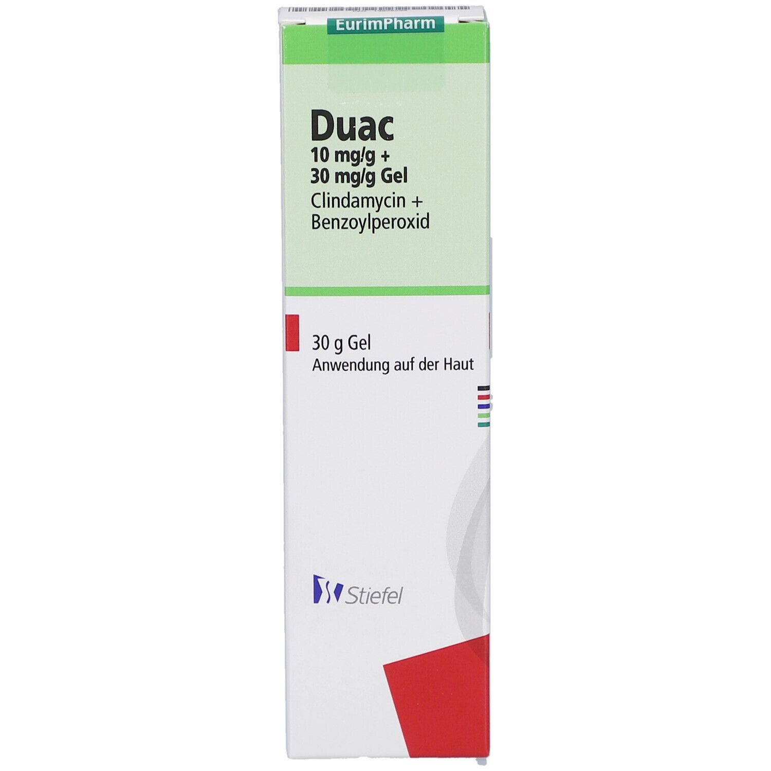 Nahaufnahme der Tube. Produktname, Inhaltsstoffe und 30 g Gel. Stiefel-Logo.