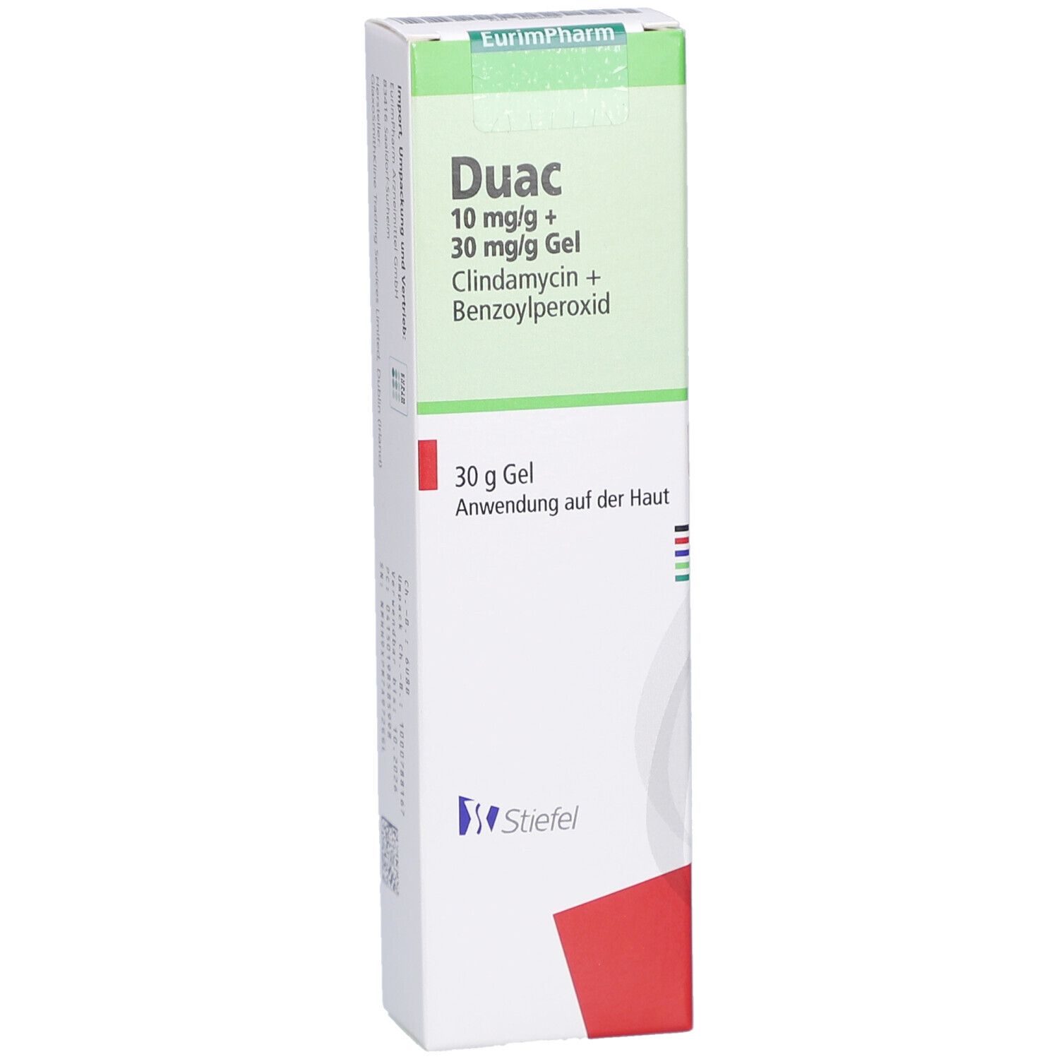 Nahaufnahme der Tube. Produktname, Inhaltsstoffe und 30 g Gel. Stiefel-Logo.