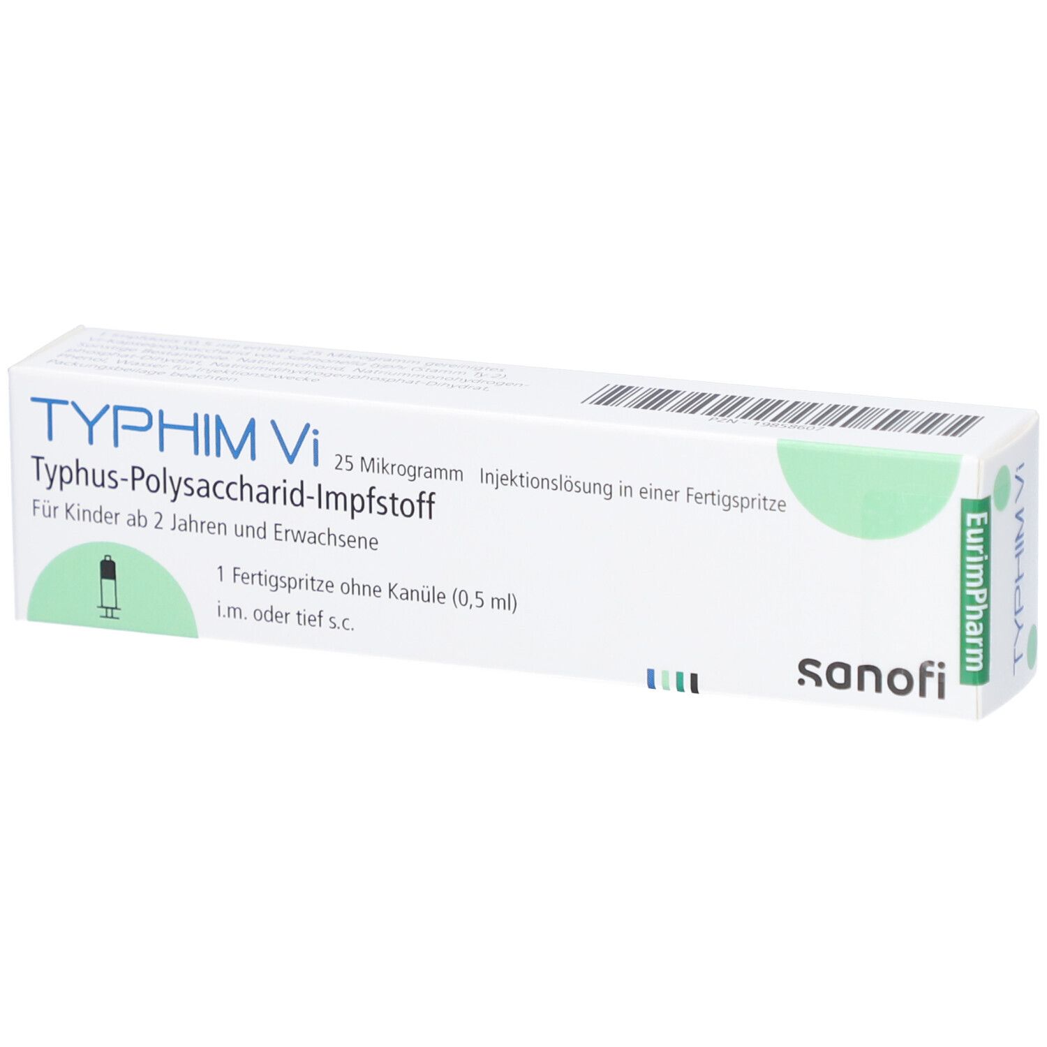 Karton TYPHIM Vi, Aufschrift: Typhus-Polysaccharid-Impfstoff. Fertigspritze ohne Kanüle. Sanofi-Logo.