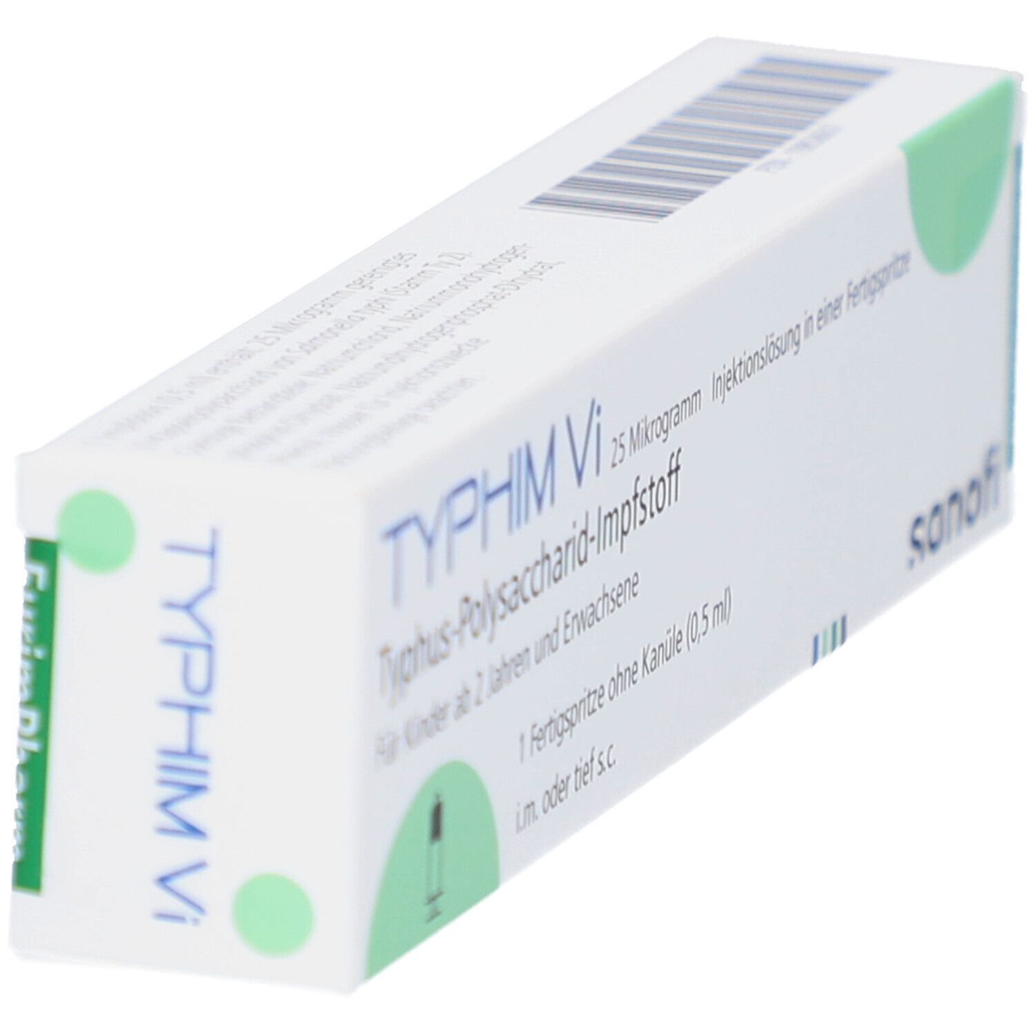 Schräg gestellte Kartonverpackung TYPHIM Vi. Aufschrift: Typhus-Polysaccharid-Impfstoff. Sanofi-Logo.