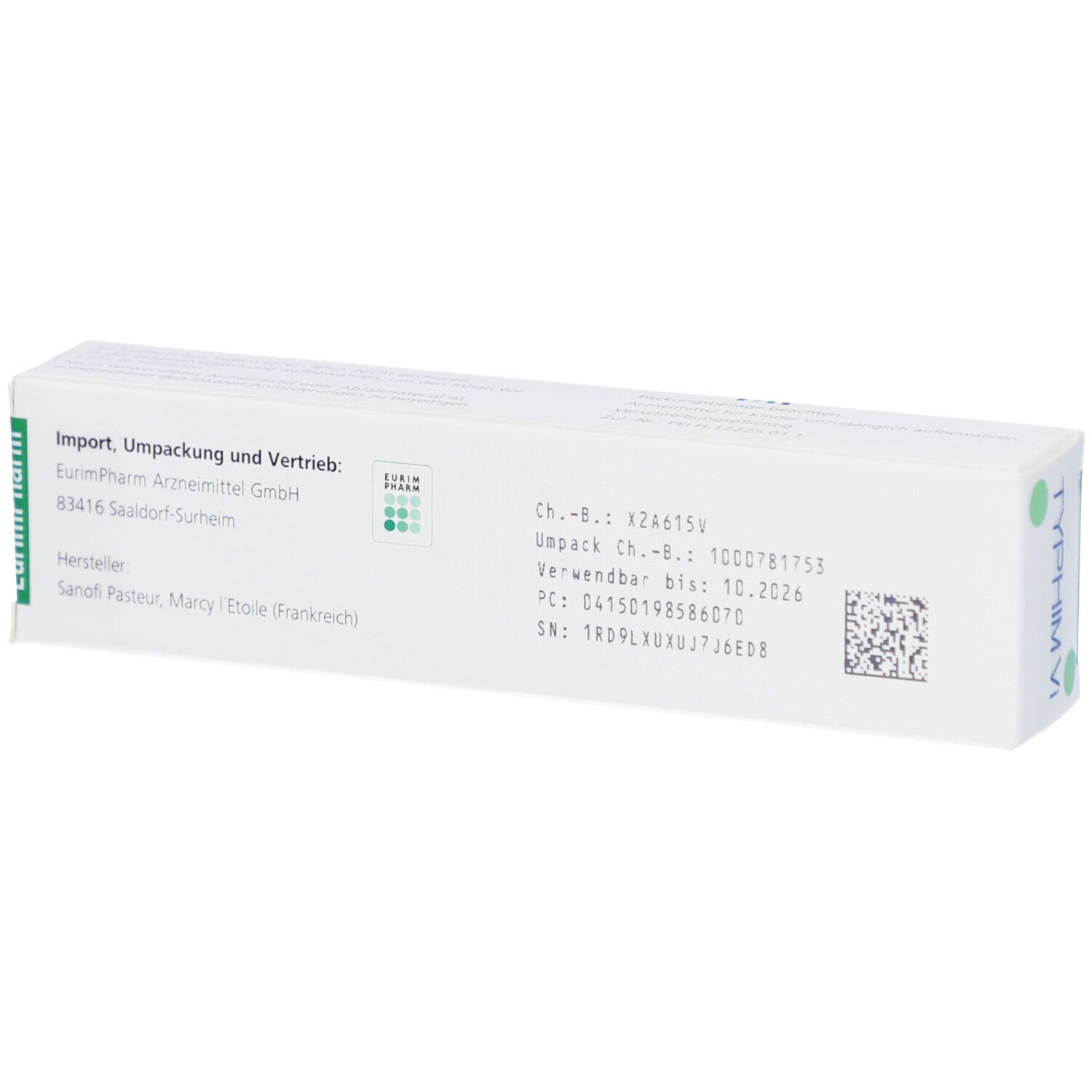 Rückseite der Kartonverpackung TYPHIM Vi. Hersteller- und Vertriebsinformationen. Chargennummer und Verfallsdatum.