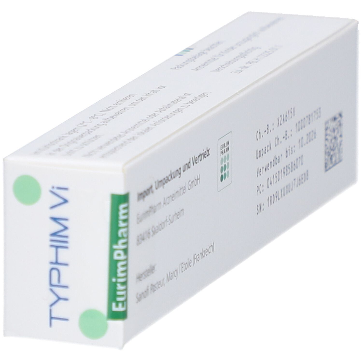Schräg gestellte Kartonverpackung TYPHIM Vi. Hersteller- und Vertriebsinformationen. Chargennummer.