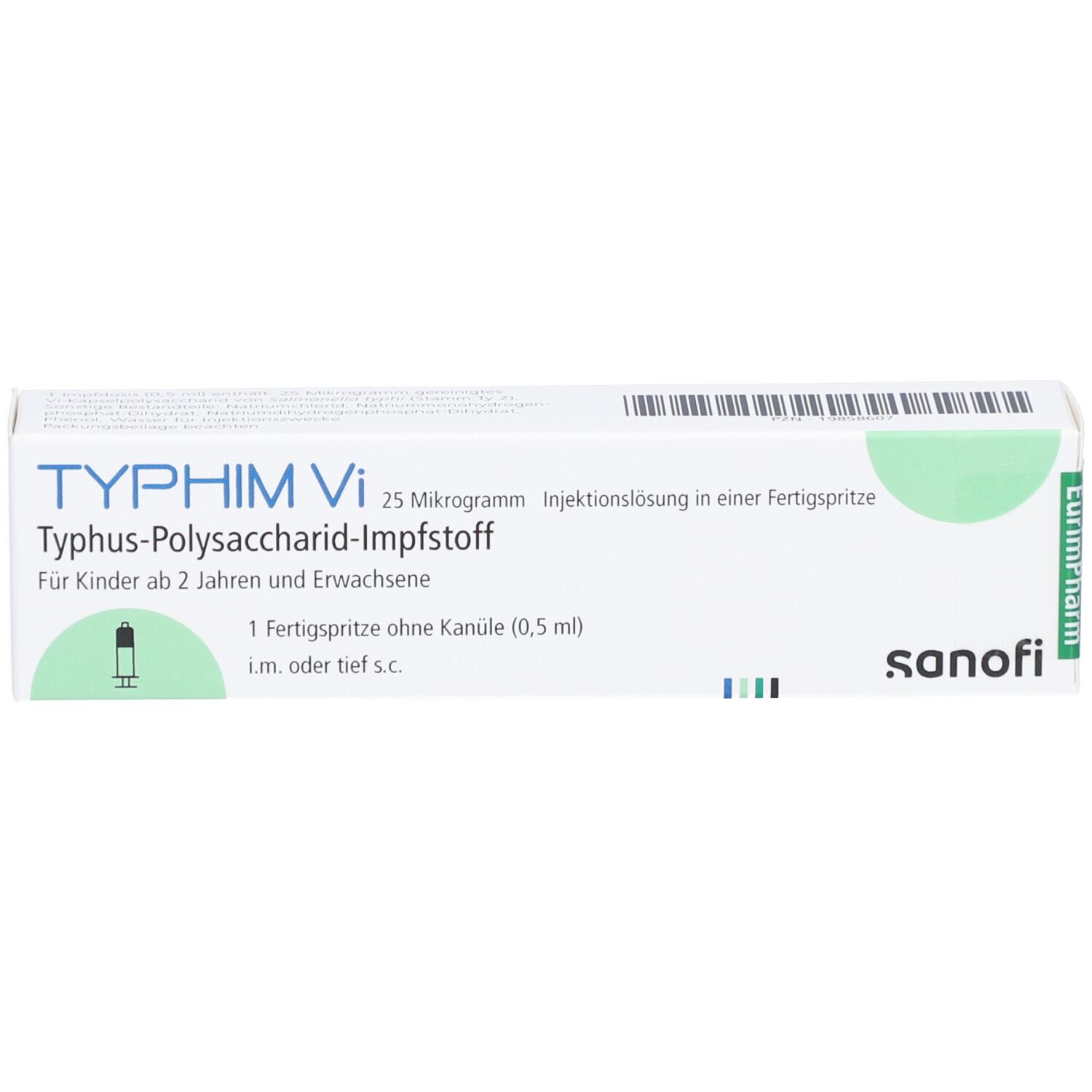 Karton TYPHIM Vi, Aufschrift: Typhus-Polysaccharid-Impfstoff. Fertigspritze ohne Kanüle. Sanofi-Logo.