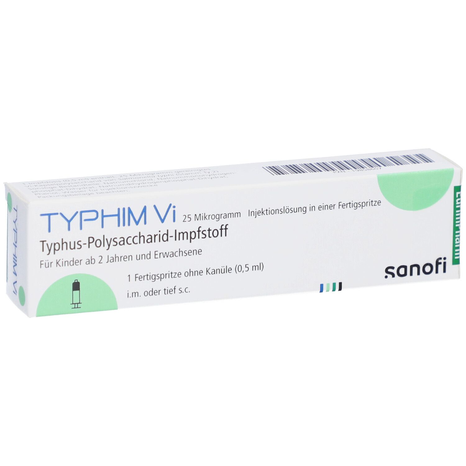 Karton TYPHIM Vi, Aufschrift: Typhus-Polysaccharid-Impfstoff. Fertigspritze ohne Kanüle. Sanofi-Logo.