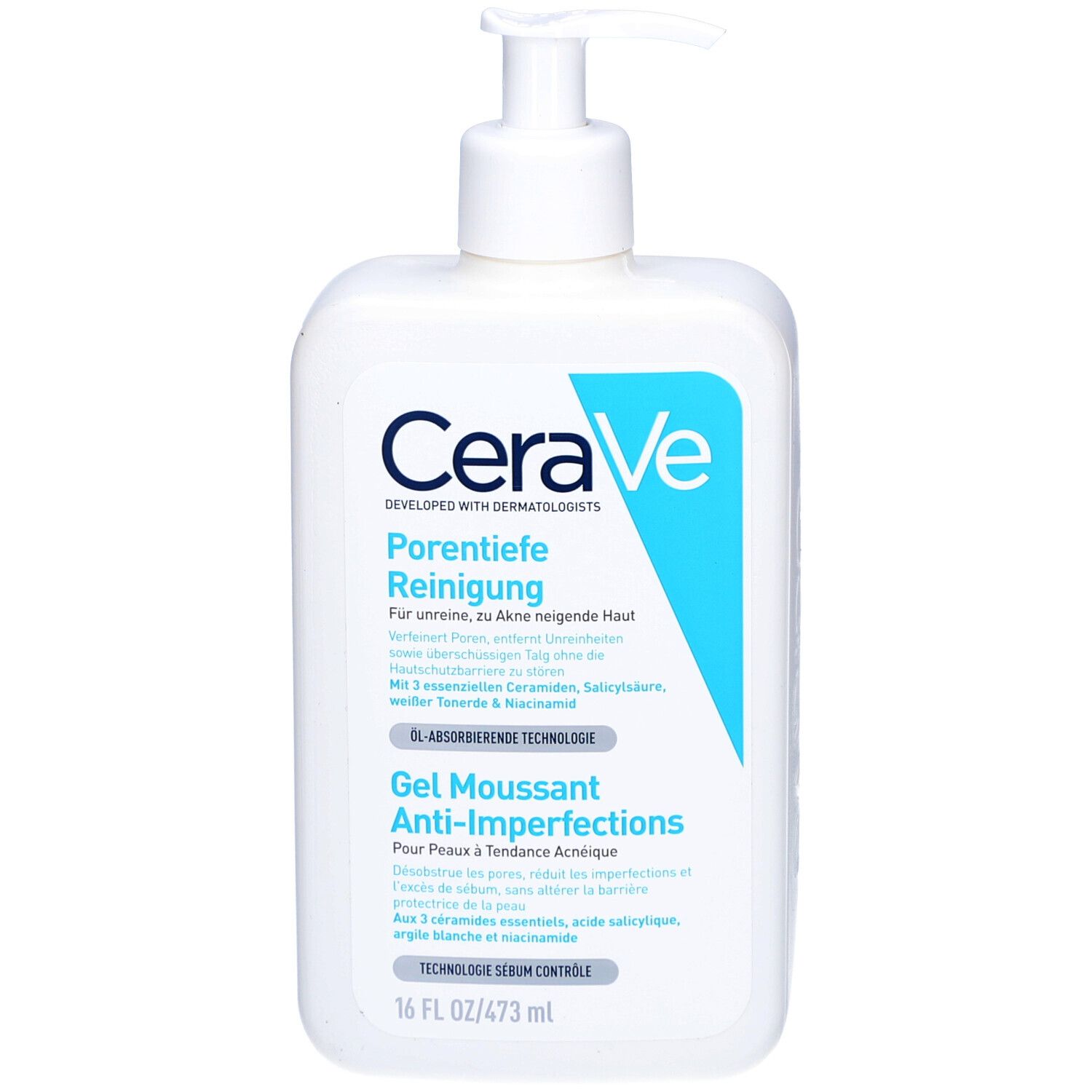 Weiße Flasche mit Pumpe. Aufschrift: CeraVe, Porentiefe Reinigung. Blaue Akzente. Text in Deutsch und Französisch.