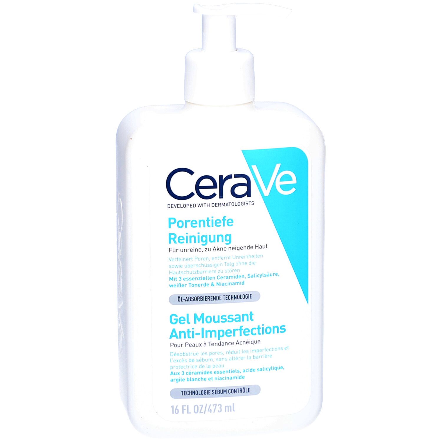 Weiße Flasche mit Pumpe. Aufschrift: CeraVe, Porentiefe Reinigung. Blaue Akzente. Text in Deutsch und Französisch.