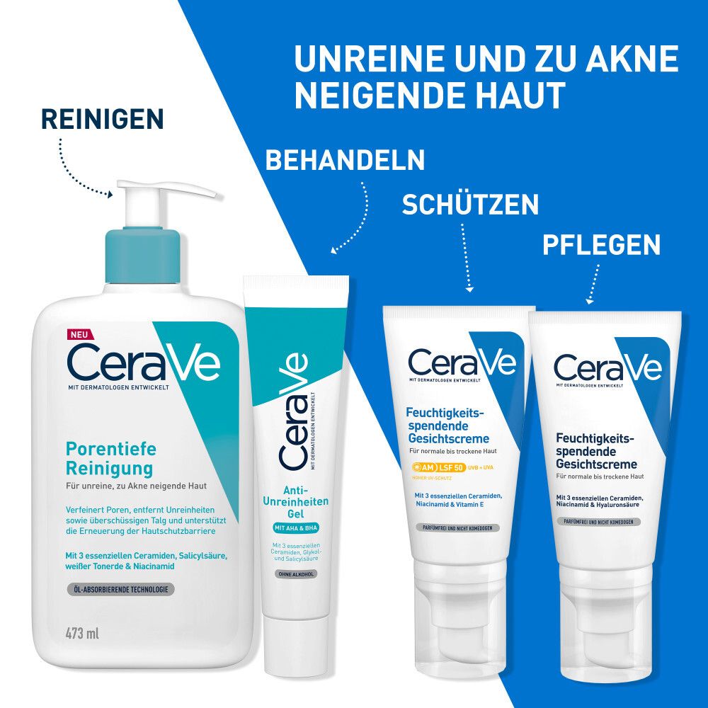 Produktreihe: CeraVe Porentiefe Reinigung, Anti-Unreinheiten Gel, Feuchtigkeitspflege Gesichtscreme. Text: Unreine und zu Akne neigende Haut.