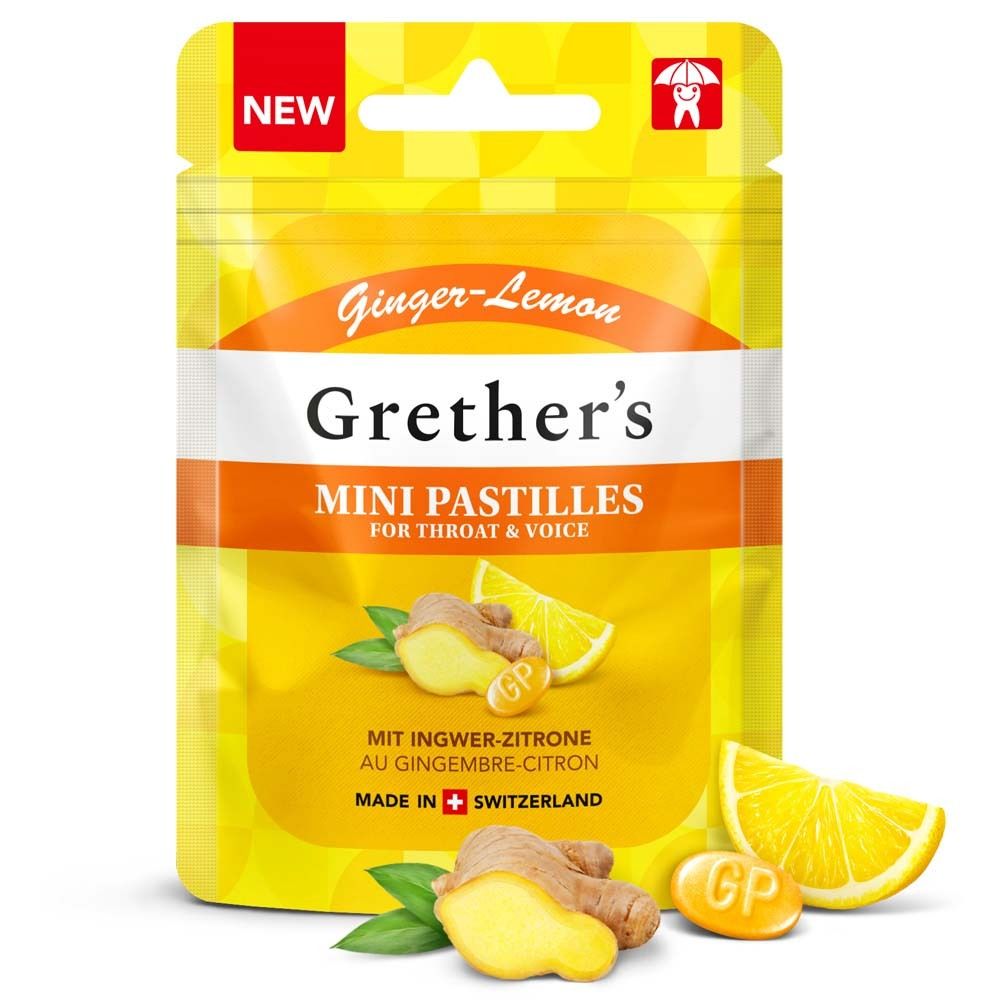 Gelbe Verpackung Grether's Mini Pastillen. Aufdruck: Ginger-Lemon, Mini Pastilles, Ingwer-Zitrone. Zitrone und Ingwer abgebildet.