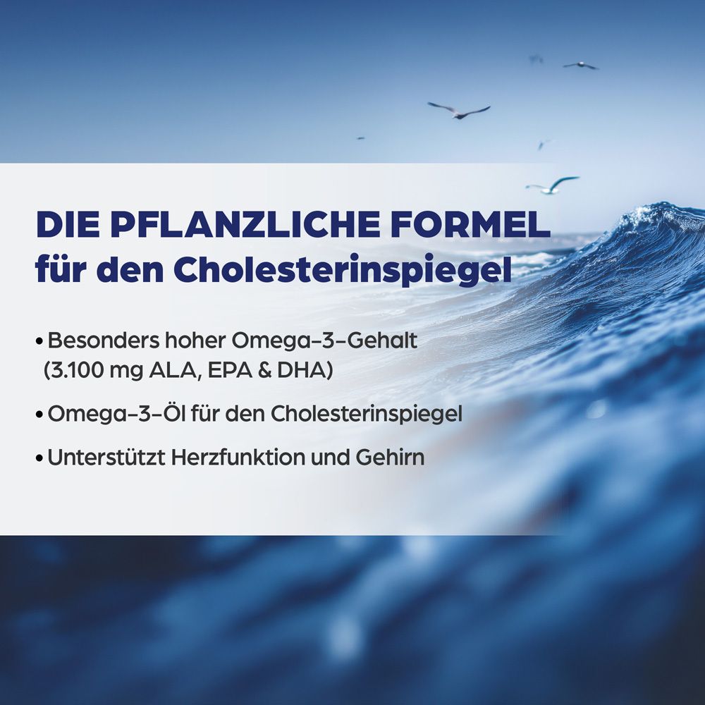 Blaue Grafik mit Text. Pflanzliche Formel für Cholesterinspiegel. Omega-3-Gehalt.