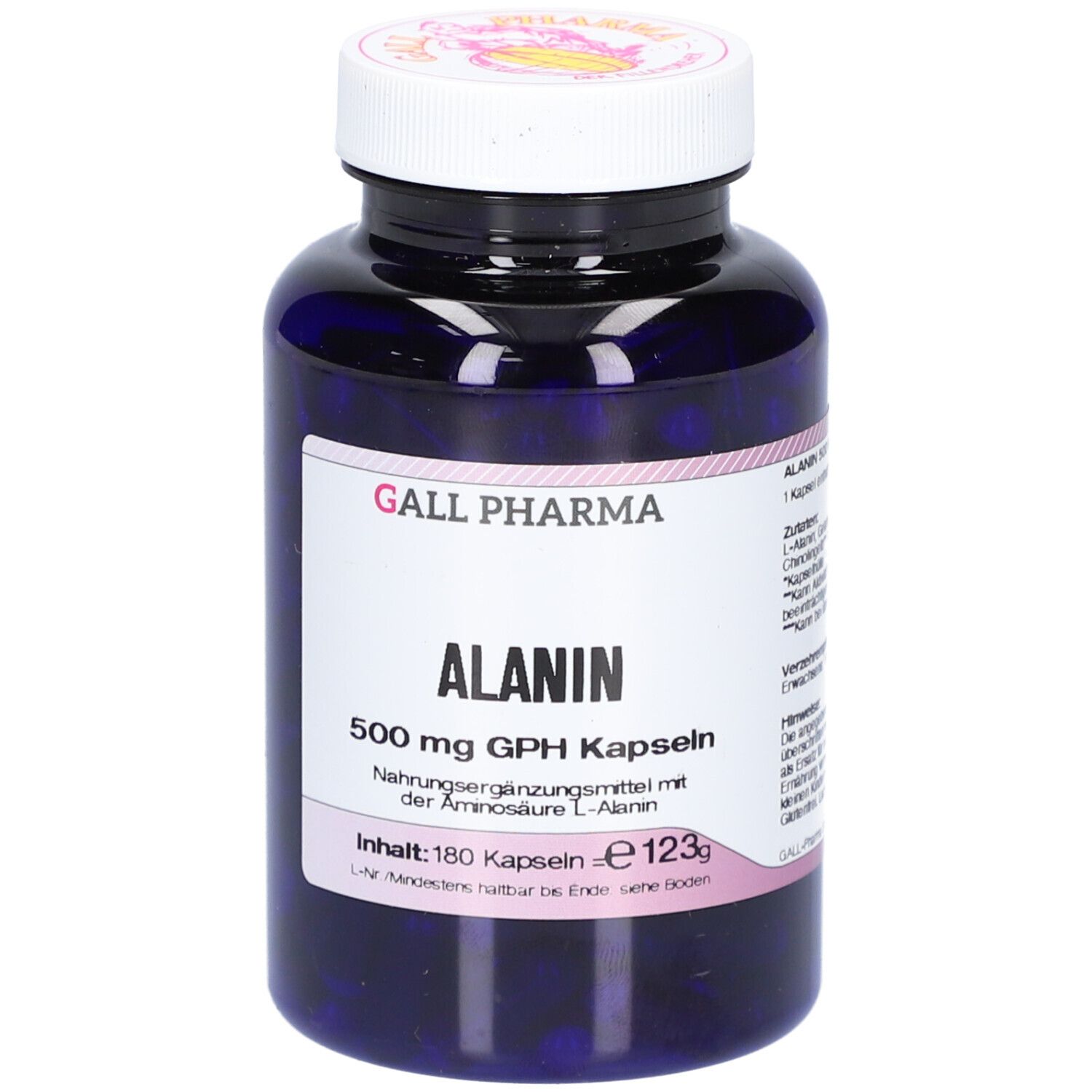 Blaue Flasche mit weißen Kapseln. Aufschrift: ALANIN 500 mg GPH Kapseln. Hersteller: GALL PHARMA. Inhalt: 180 Kapseln.