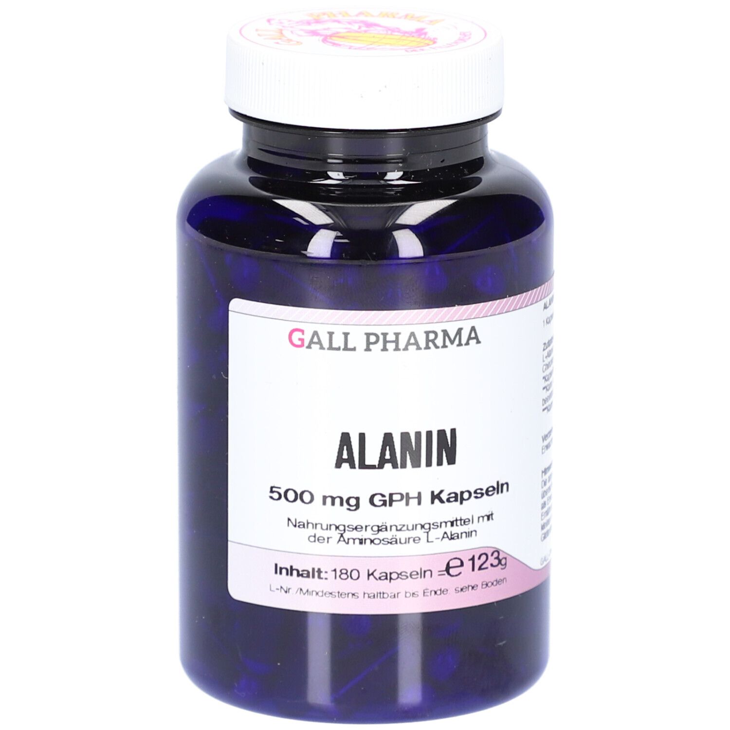 Blaue Flasche mit weißen Kapseln. Aufschrift: ALANIN 500 mg GPH Kapseln. Hersteller: GALL PHARMA. Inhalt: 180 Kapseln.