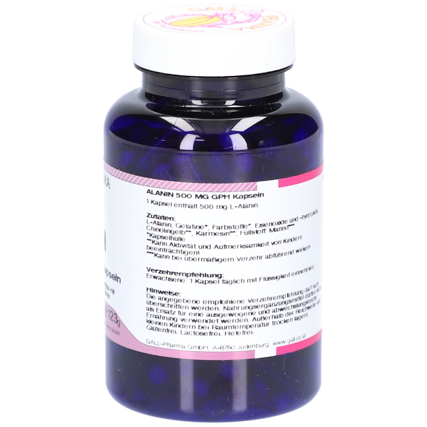 Blaue Flasche mit weißen Kapseln. Aufschrift: ALANIN 500 mg GPH Kapseln. Hersteller: GALL PHARMA. Inhalt: 180 Kapseln.