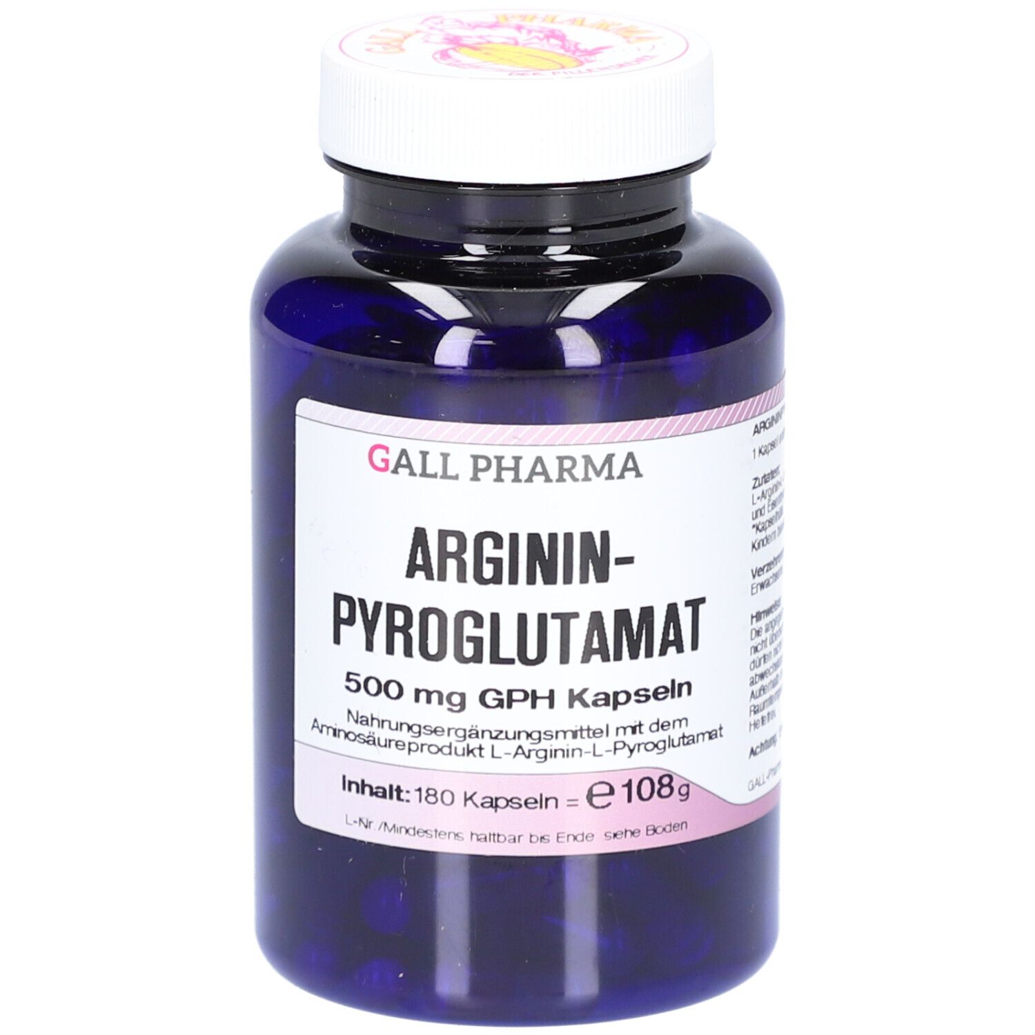Blaue Flasche mit weißen Deckel. Aufkleber mit Produktnamen: ARGININ-PYROGLUTAMAT 500 mg GPH Kapseln. Marke: GALL PHARMA.