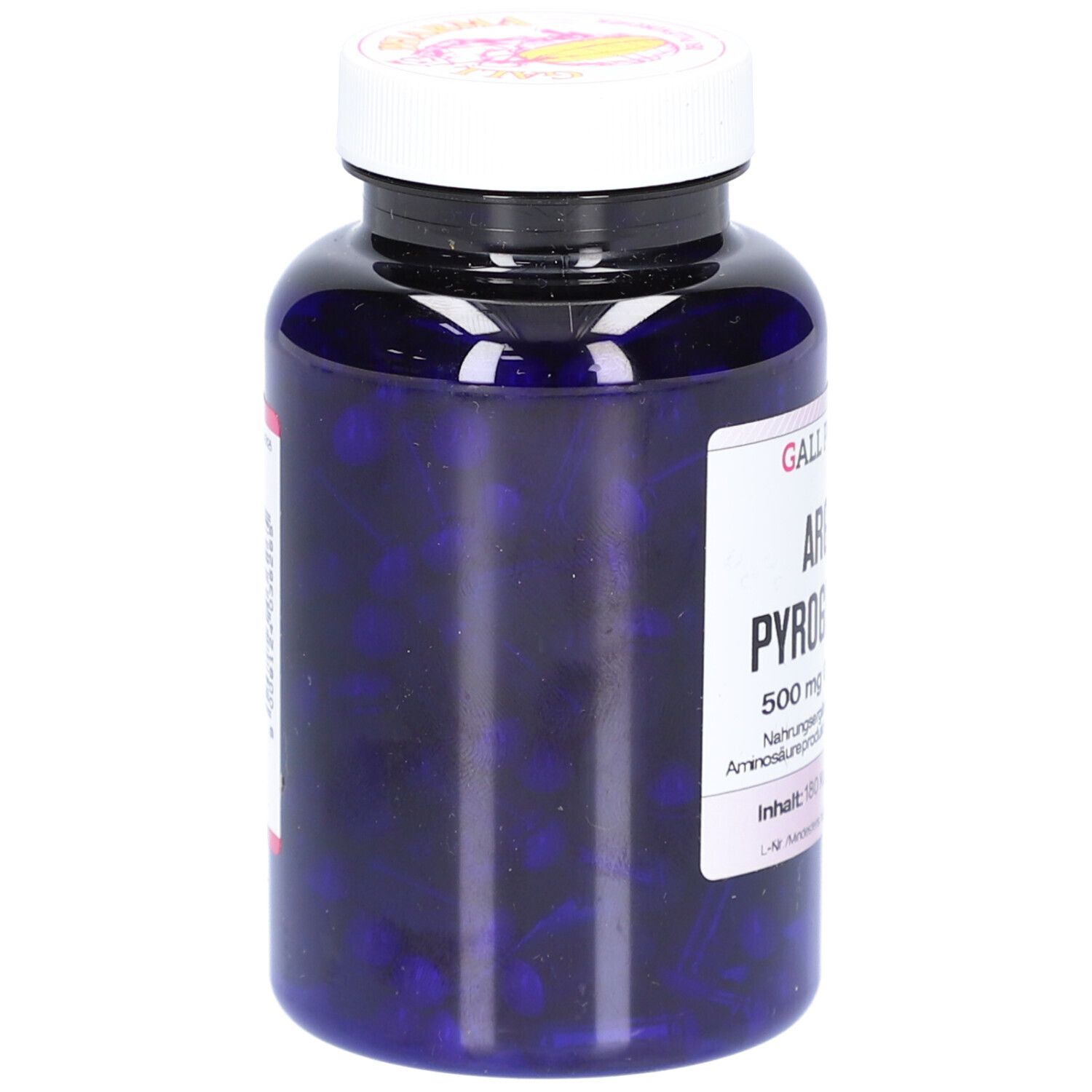Blaue Flasche mit weißem Deckel. Aufkleber mit Produktinformationen. Marke: GALL PHARMA. Kapseln im Inneren sichtbar.