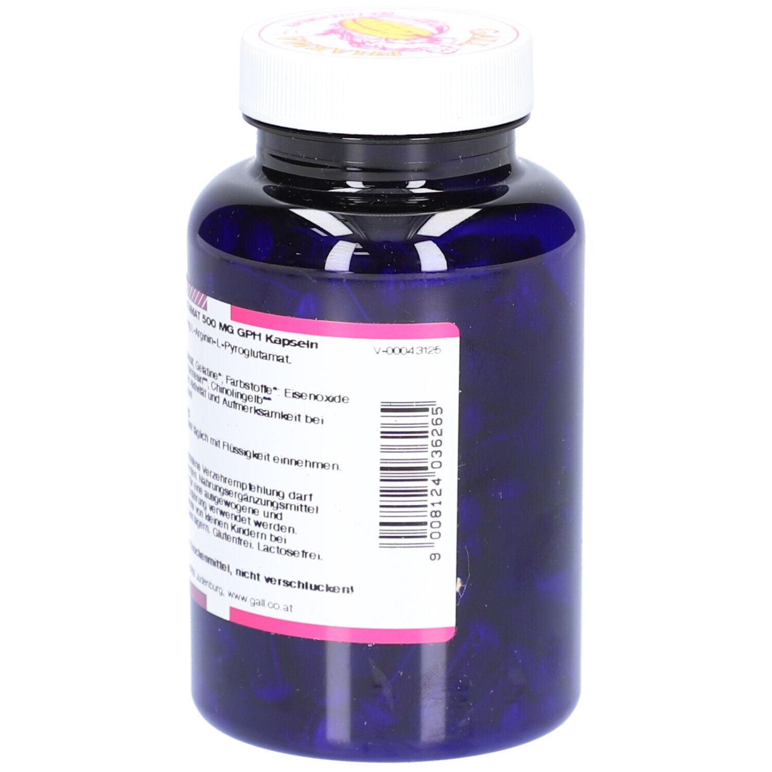 Blaue Flasche mit weißem Deckel. Aufkleber mit Produktinformationen und Barcode. Kapseln im Inneren sichtbar.