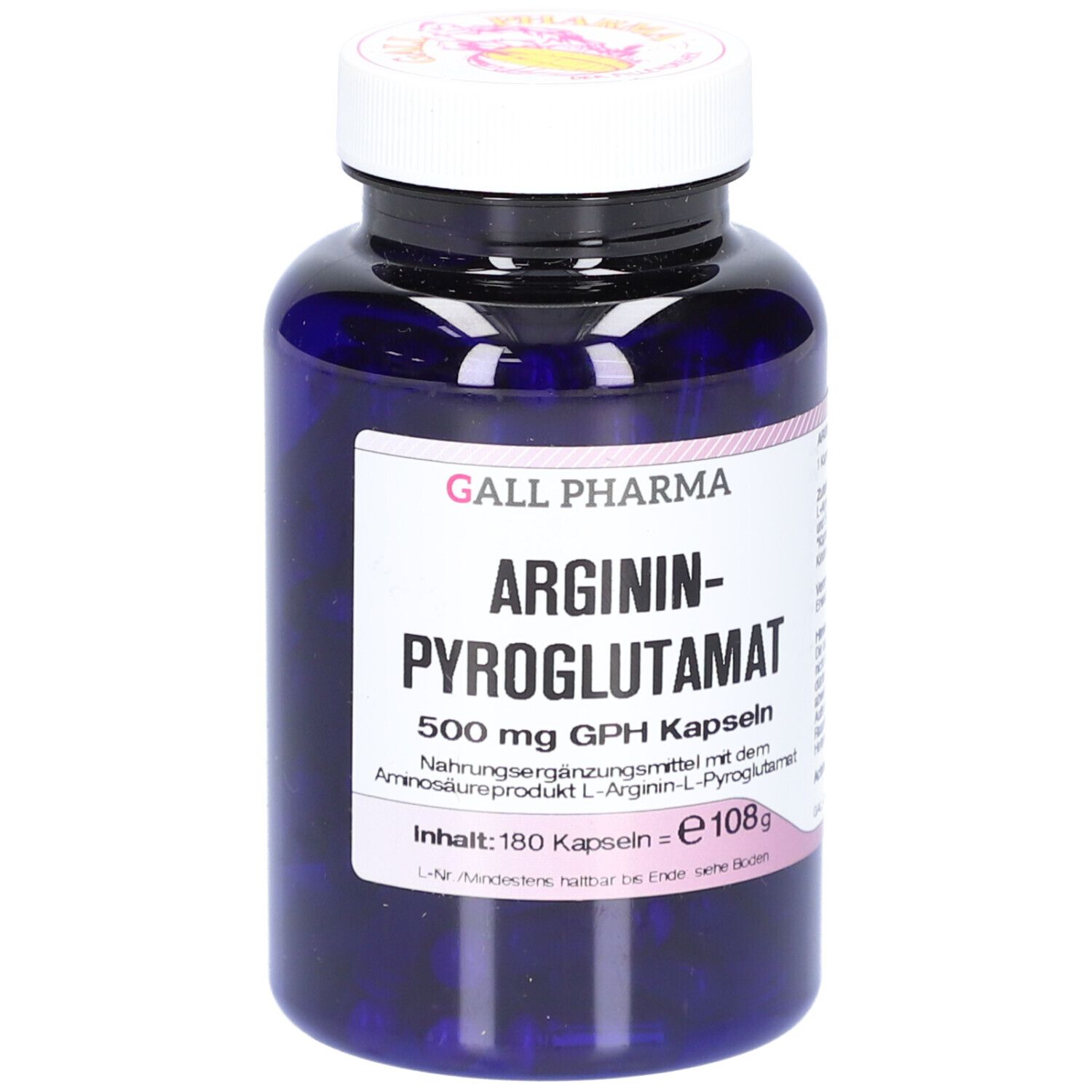 Blaue Flasche mit weißem Deckel. Aufkleber mit Produktnamen: ARGININ-PYROGLUTAMAT 500 mg GPH Kapseln. Marke: GALL PHARMA.