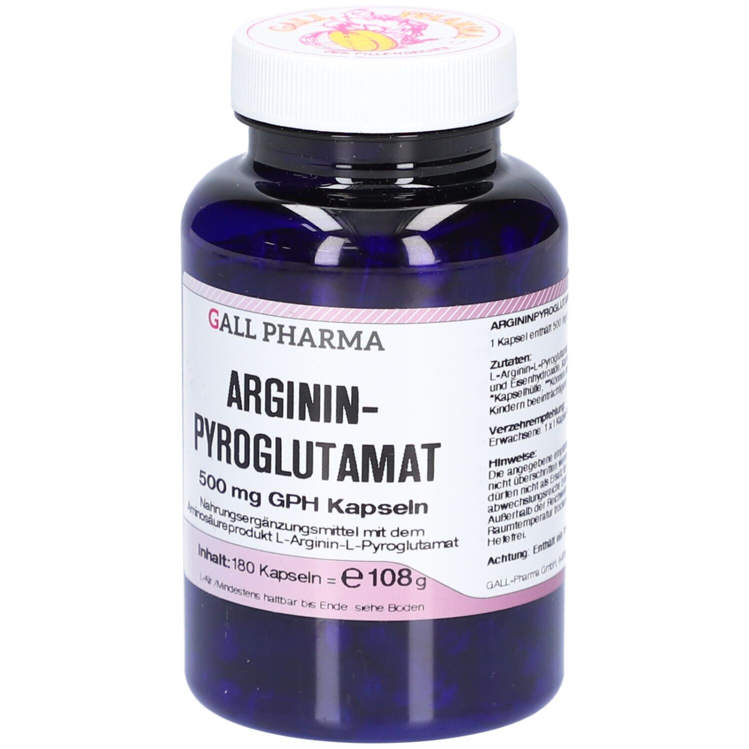 Blaue Flasche mit weißem Deckel. Aufkleber mit Produktnamen: ARGININ-PYROGLUTAMAT 500 mg GPH Kapseln. Marke: GALL PHARMA.