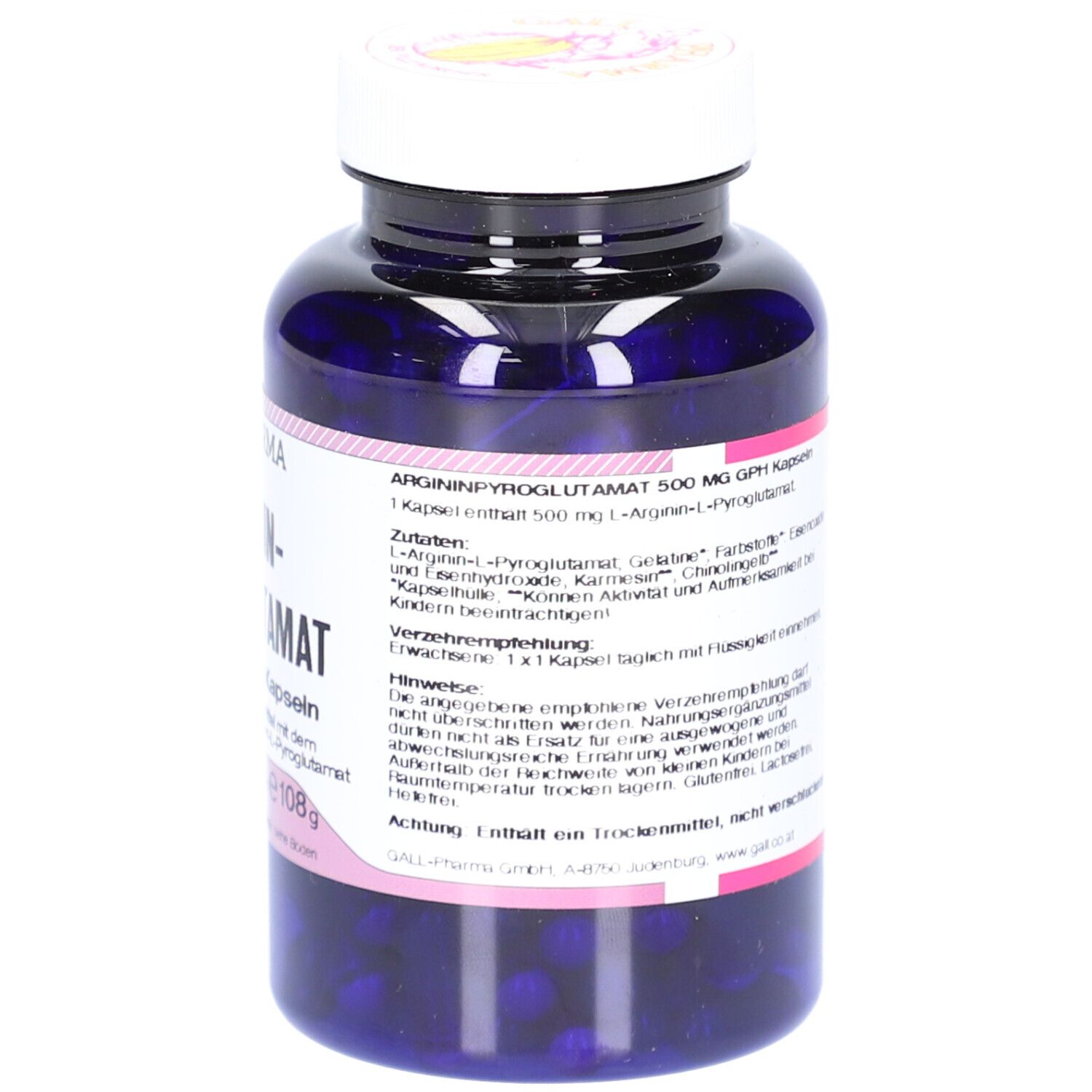 Blaue Flasche mit weißem Deckel. Aufkleber mit Produktinformationen. Kapseln im Inneren sichtbar. Marke: GALL PHARMA.