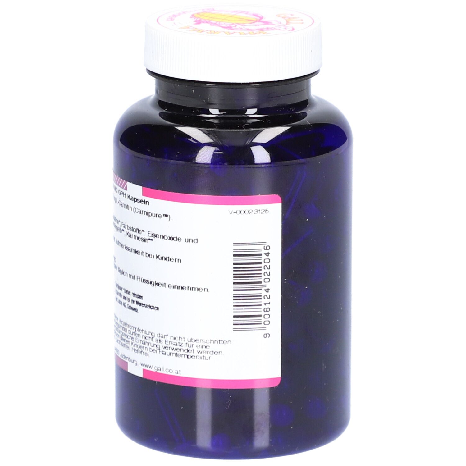 Dunkelblaue Flasche mit weißem Deckel. Rückseite mit Produktinformationen und Inhaltsstoffen. Text in deutscher Sprache.