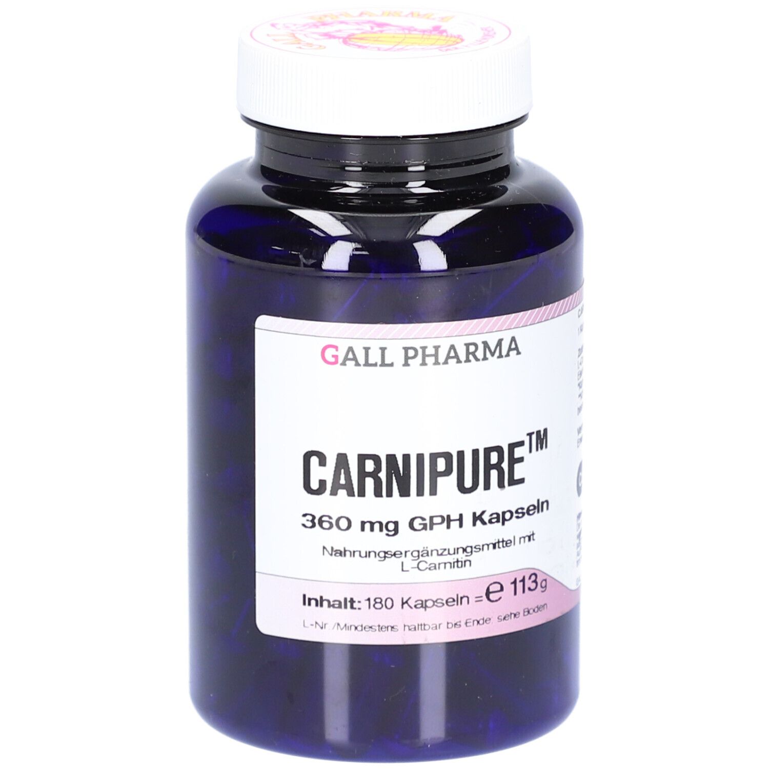 Dunkelblaue Flasche mit weißem Deckel. Aufkleber mit Produktnamen CARNIPURE 360 mg GPH Kapseln. Enthält 180 Kapseln.