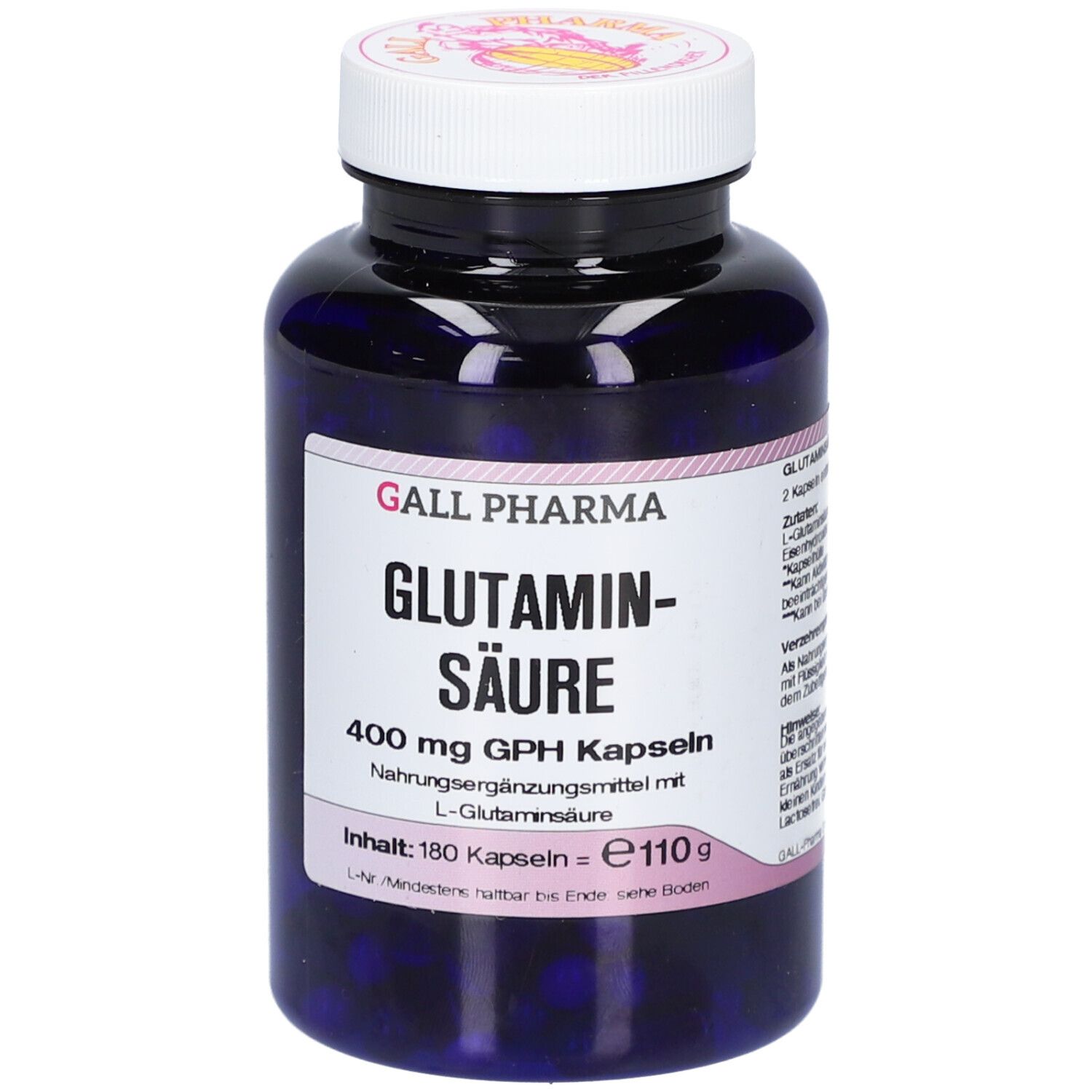 Blaue Flasche mit weißen Etikett. Aufschrift: Gall Pharma Glutaminsäure 400 mg GPH Kapseln. Inhalt: 180 Kapseln.