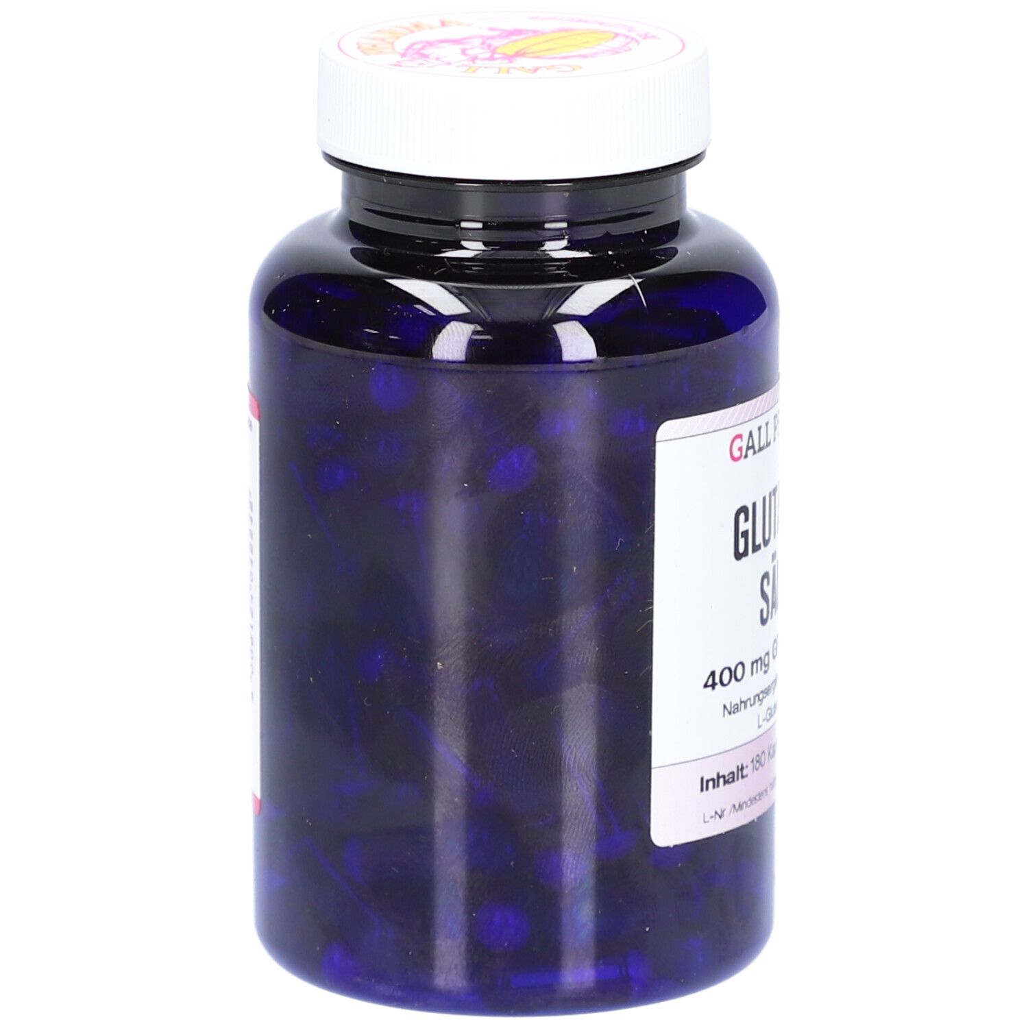 Blaue Flasche mit weißem Etikett. Aufschrift: Glutamin-Säure 400 mg GPH Kapseln. Inhalt: 180 Kapseln. Blaue Kapseln sichtbar.