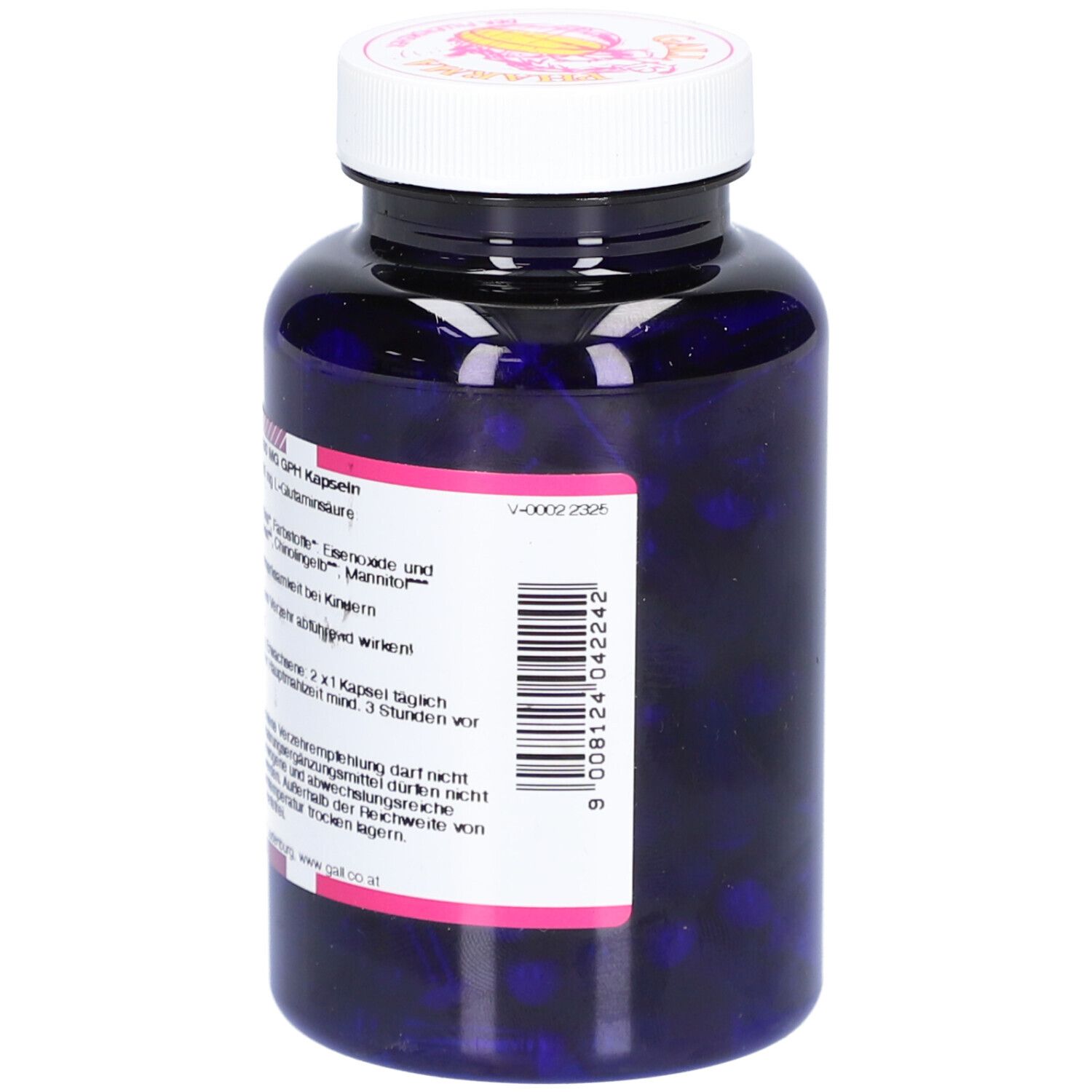 Blaue Flasche mit weißem Etikett. Aufschrift: Glutamin-Säure 400 mg GPH Kapseln. Rückseite mit Text. Blaue Kapseln sichtbar.